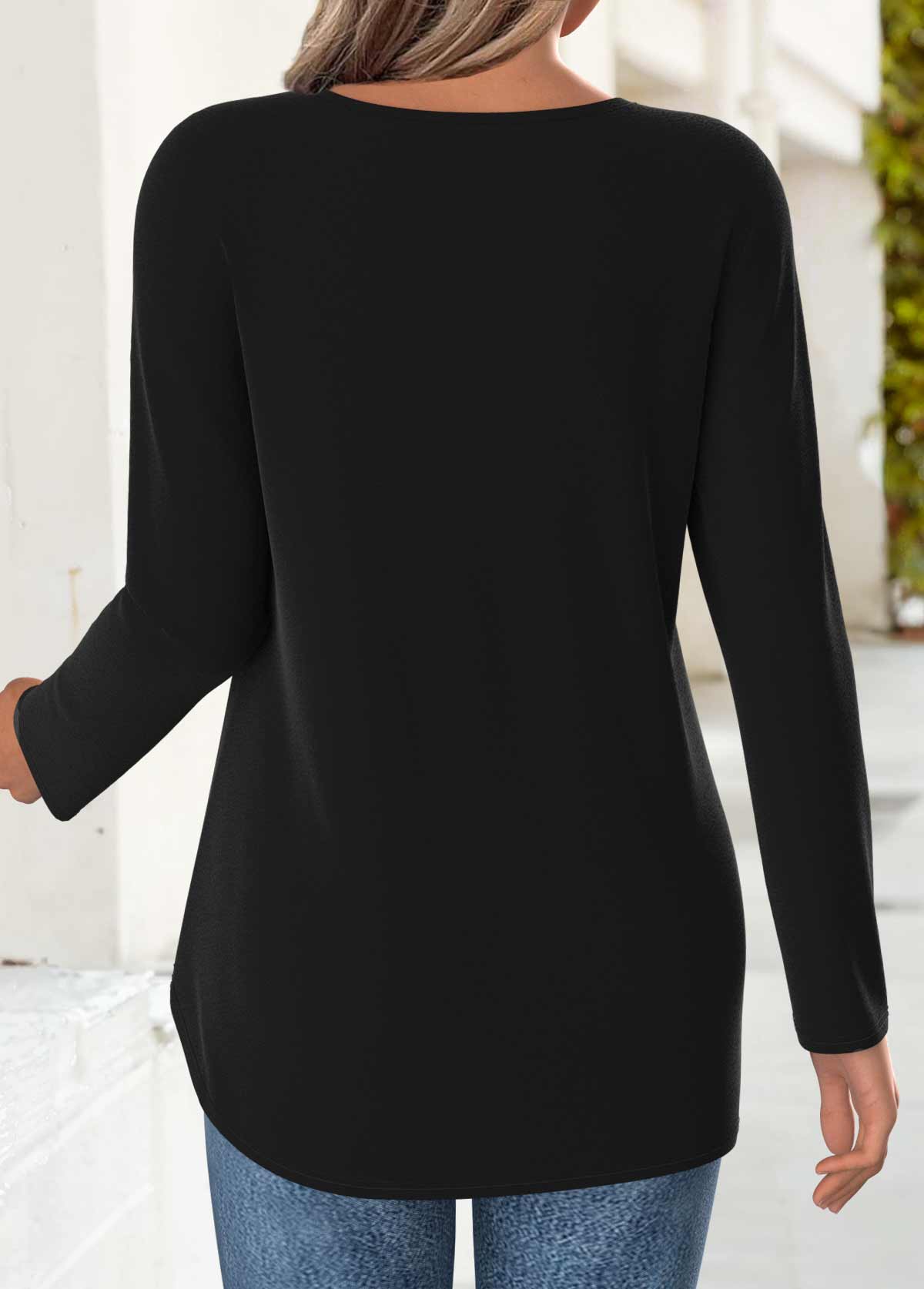 Black 3/4 Sleeve Square Neck T Shirt | picture 