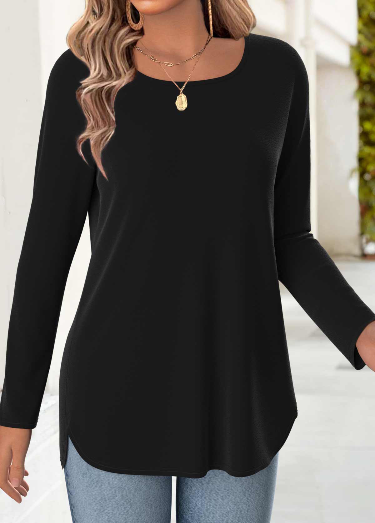 Black 3/4 Sleeve Square Neck T Shirt | picture 