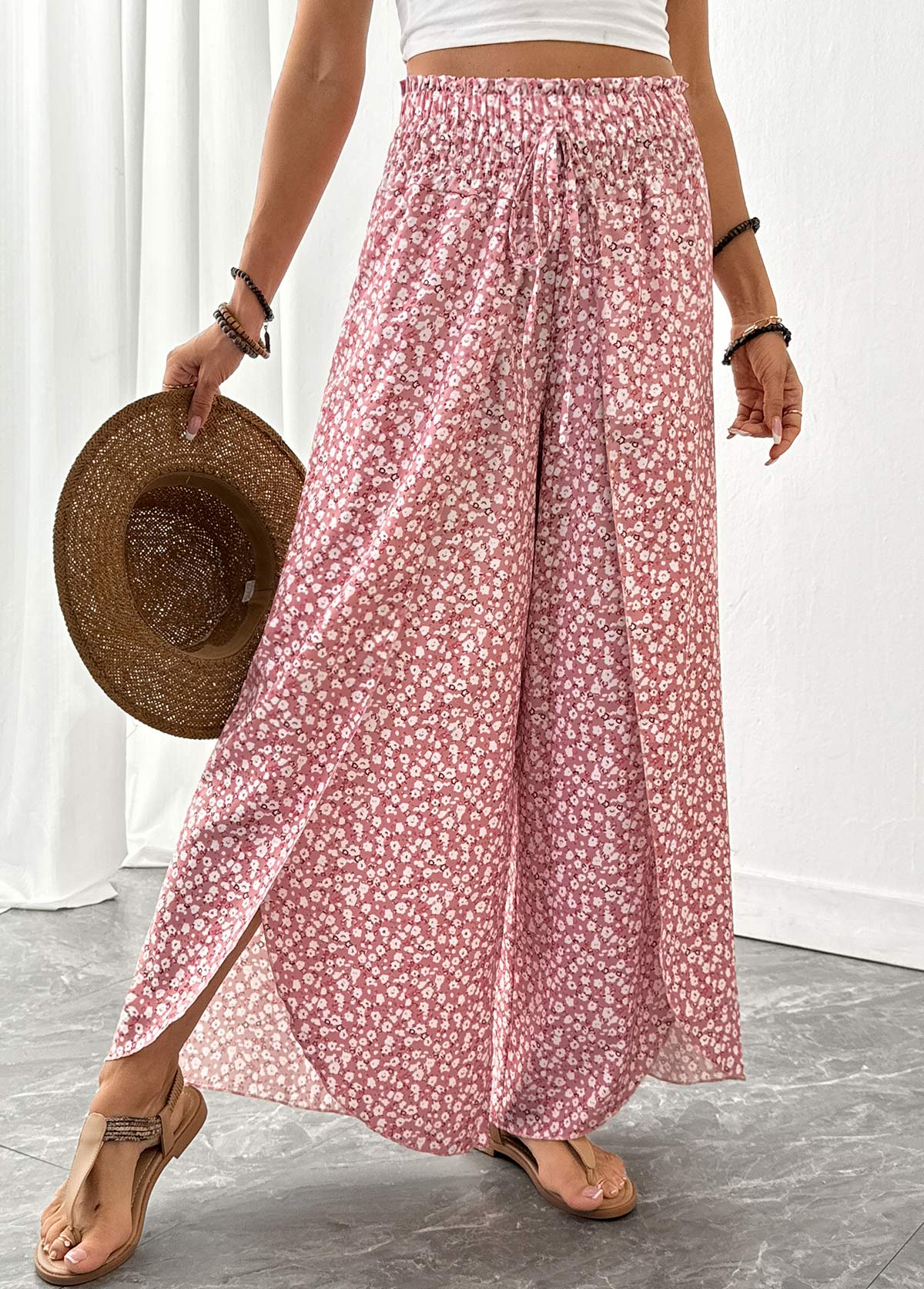 Pink Ditsy Floral Print Wide Leg Elastic Waist Pants | picture 