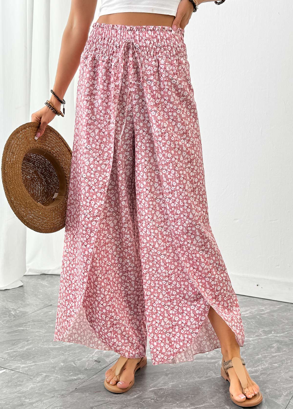 Pink Ditsy Floral Print Wide Leg Elastic Waist Pants | picture 