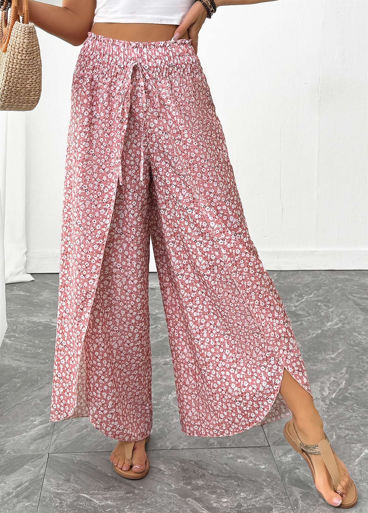 Pink Ditsy Floral Print Wide Leg Elastic Waist Pants | picture 