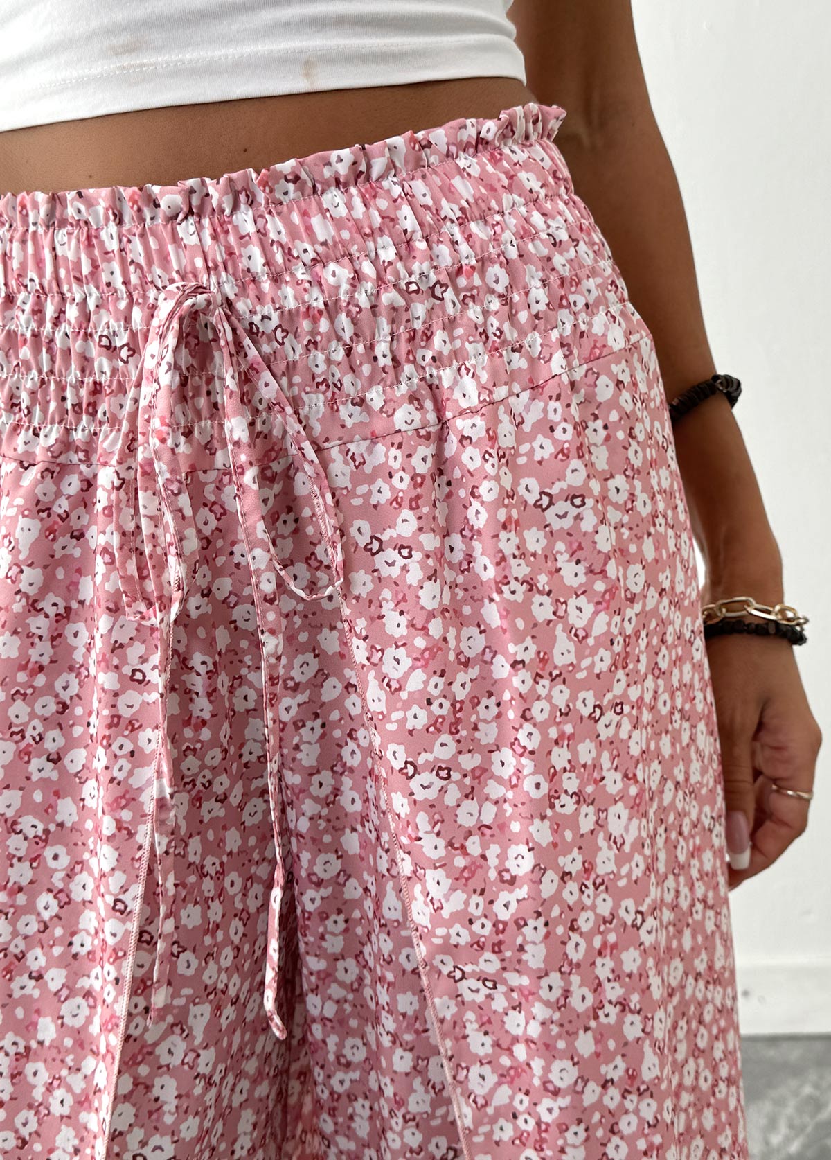 Pink Ditsy Floral Print Wide Leg Elastic Waist Pants | picture 
