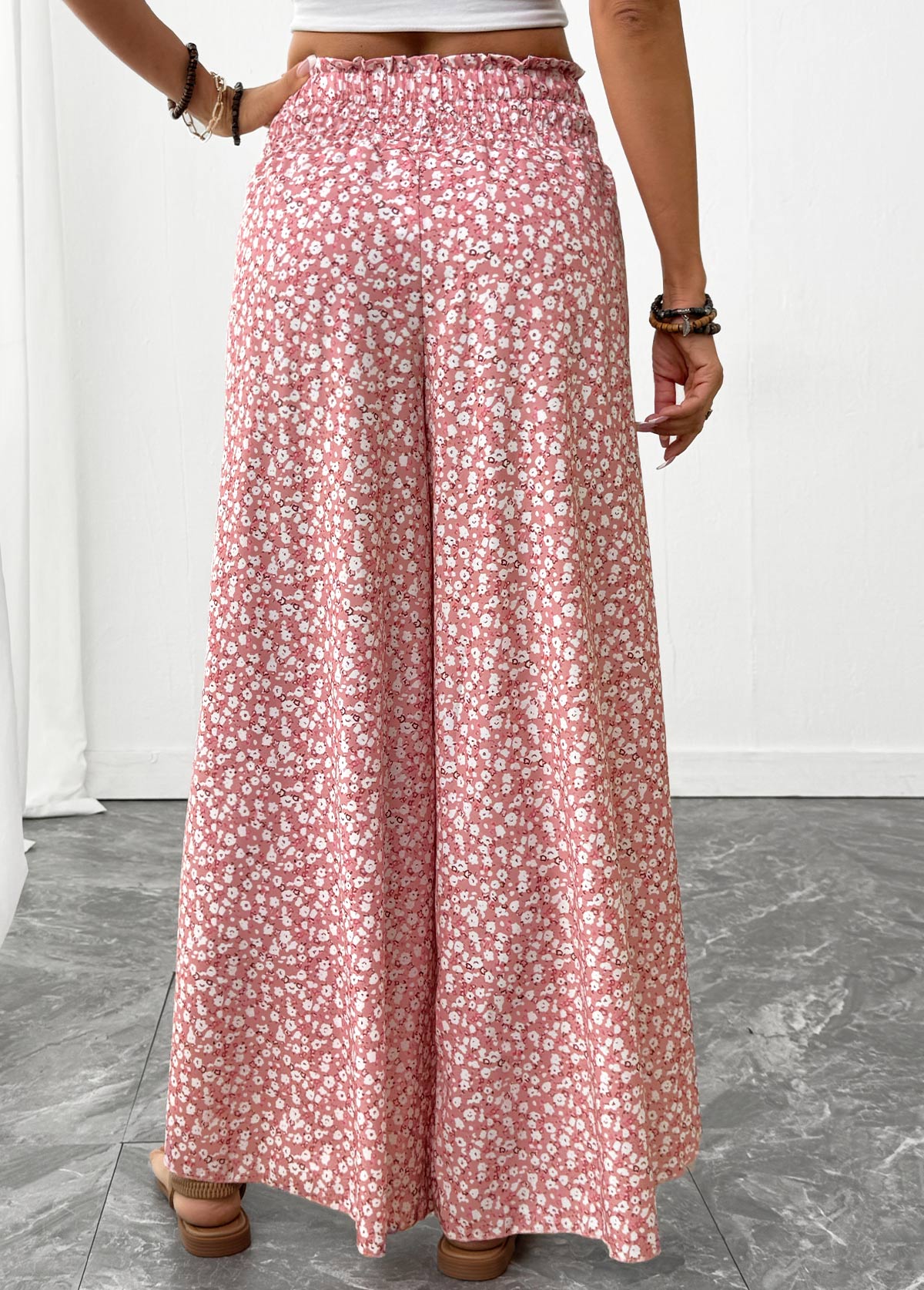 Pink Ditsy Floral Print Wide Leg Elastic Waist Pants | picture 