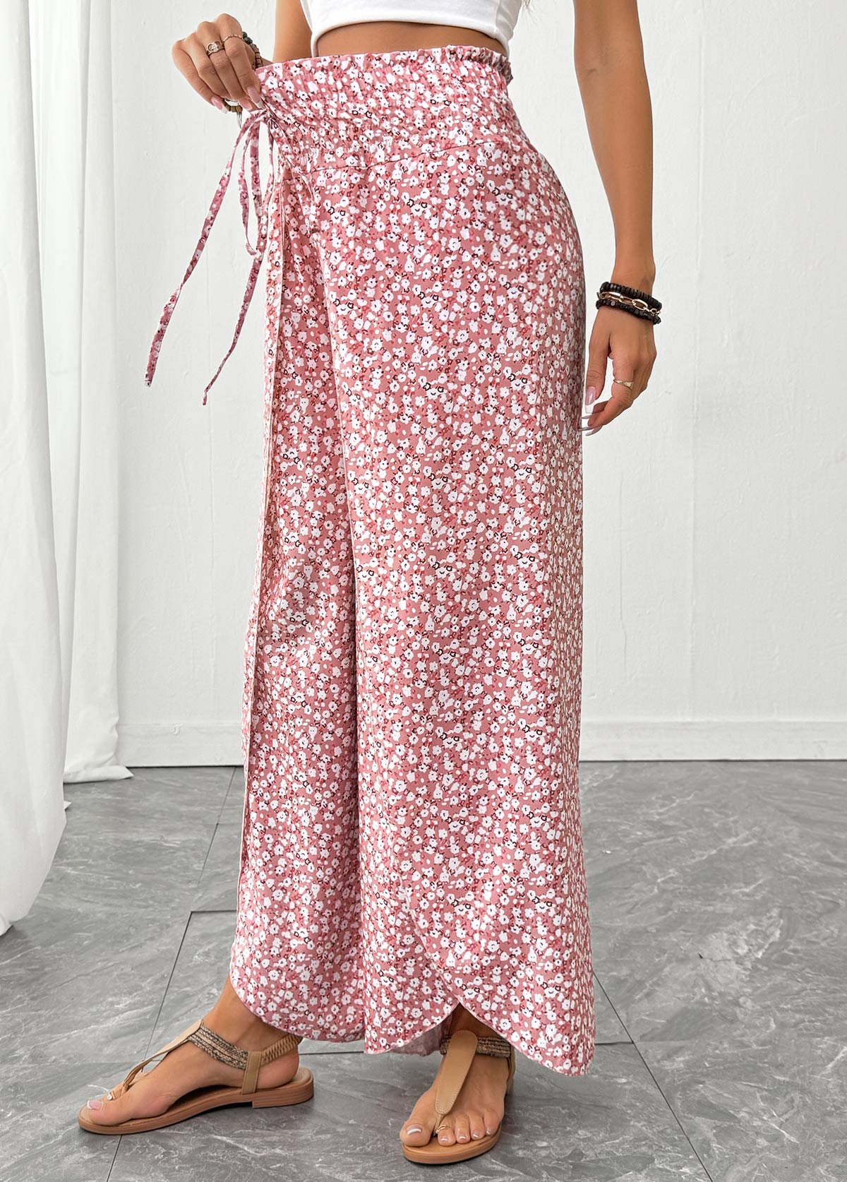 Pink Ditsy Floral Print Wide Leg Elastic Waist Pants | picture 