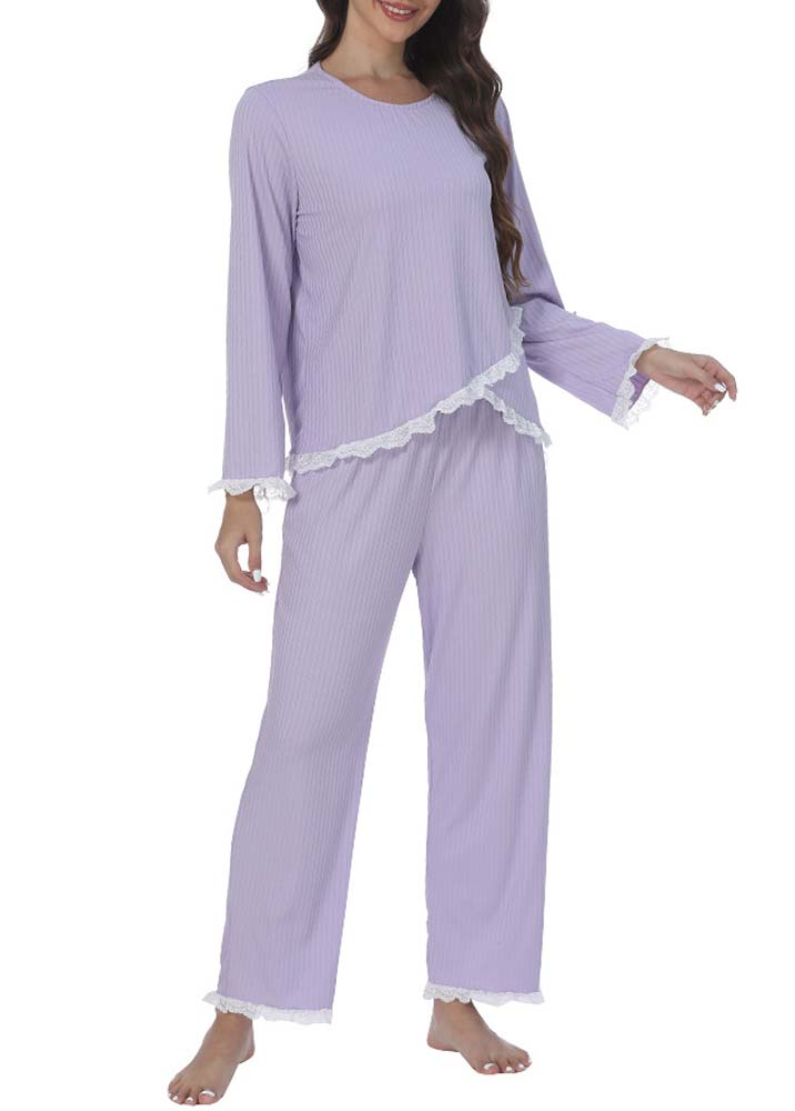 Purple Long Sleeve Round Neck Lounge Top and Pants | picture 