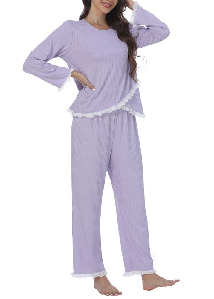 Purple Long Sleeve Round Neck Lounge Top and Pants | picture 