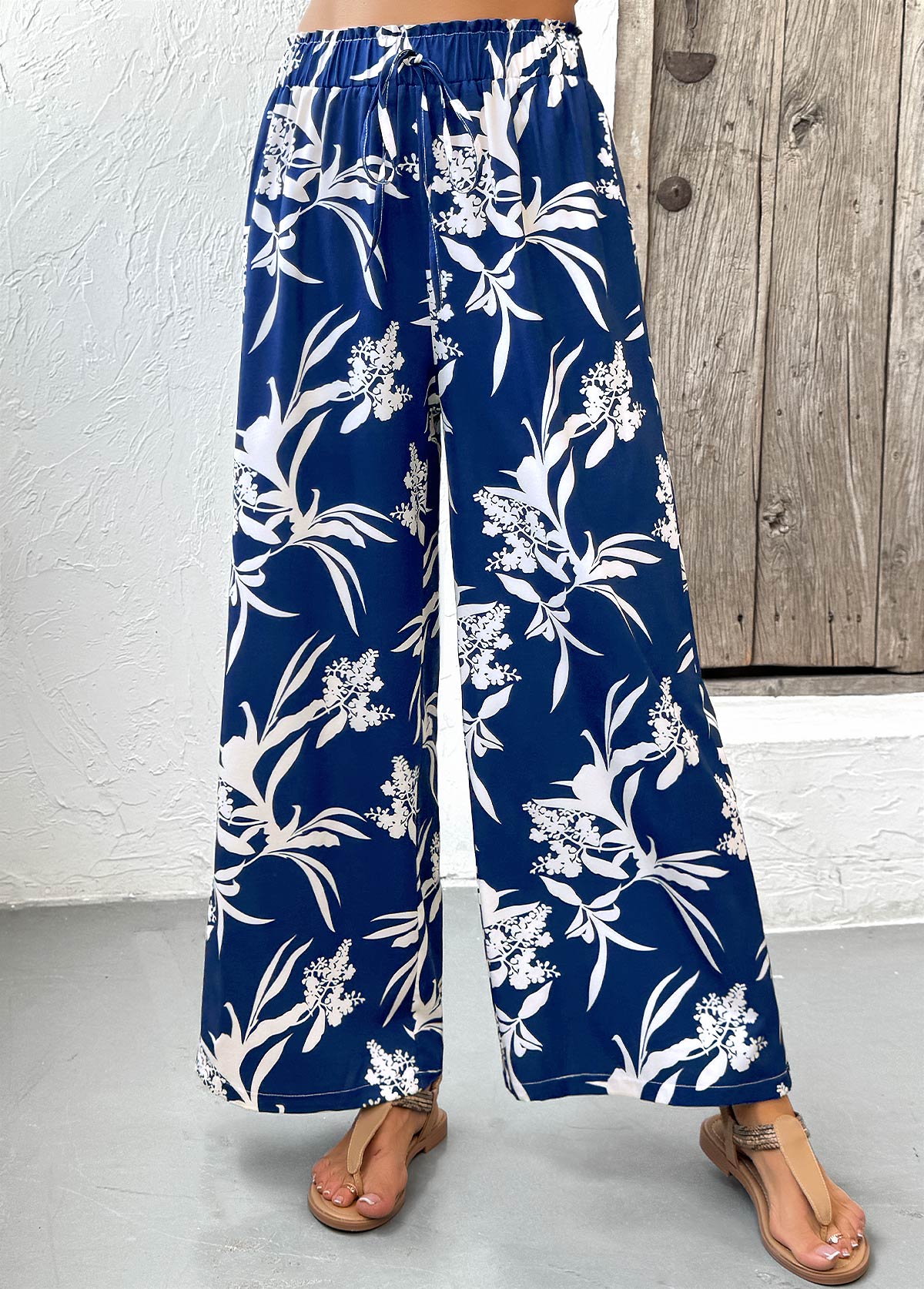 Dark Blue Plants Print Wide Leg Elastic Waist Pants | picture 