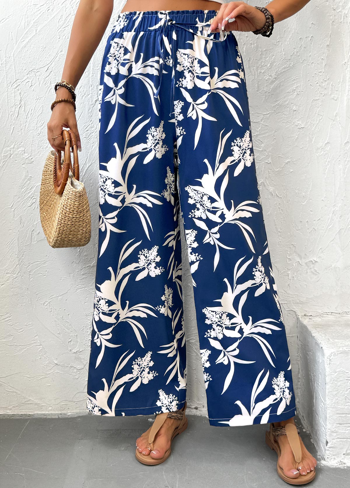 Dark Blue Plants Print Wide Leg Elastic Waist Pants | picture 