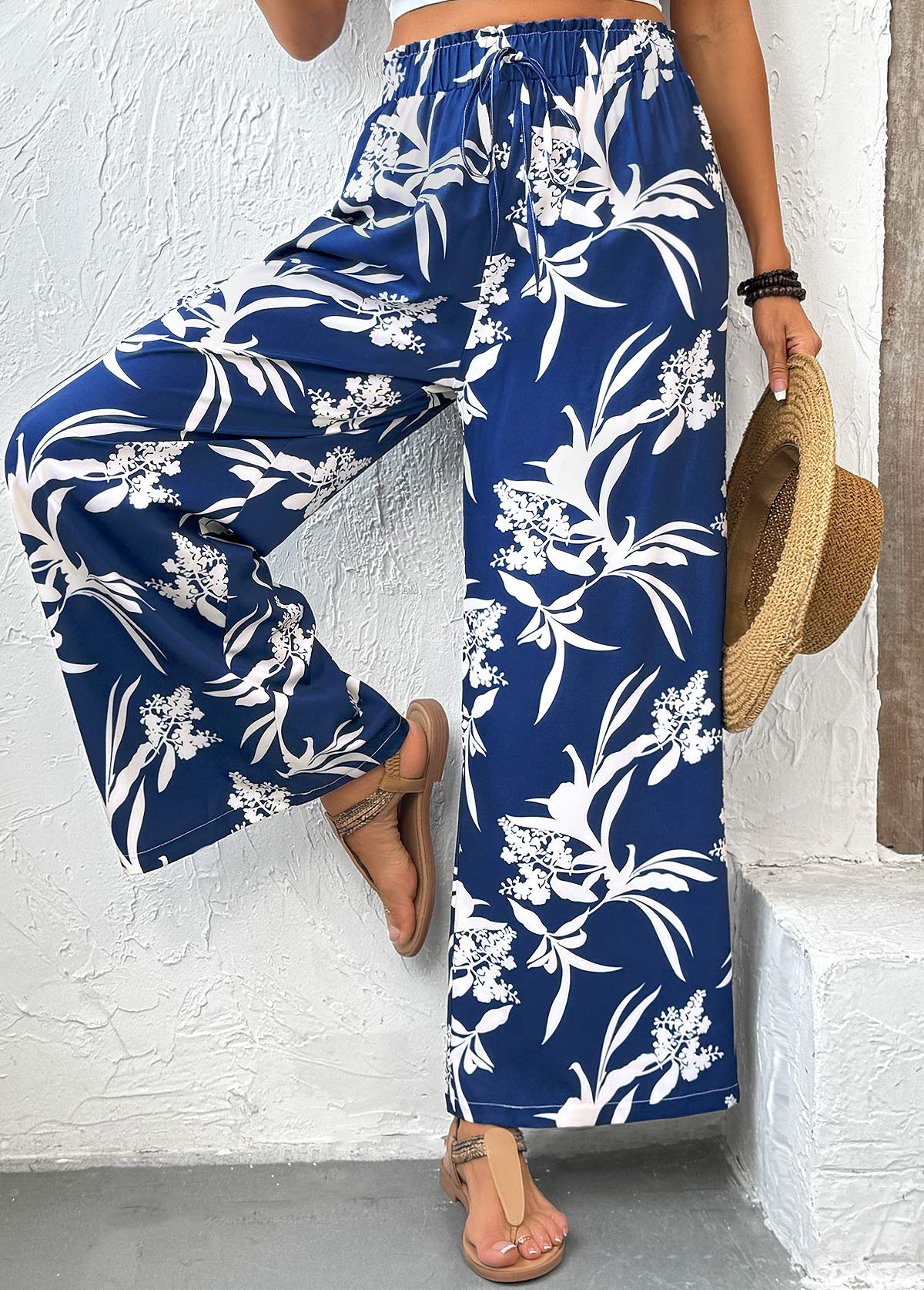 Dark Blue Plants Print Wide Leg Elastic Waist Pants | picture 