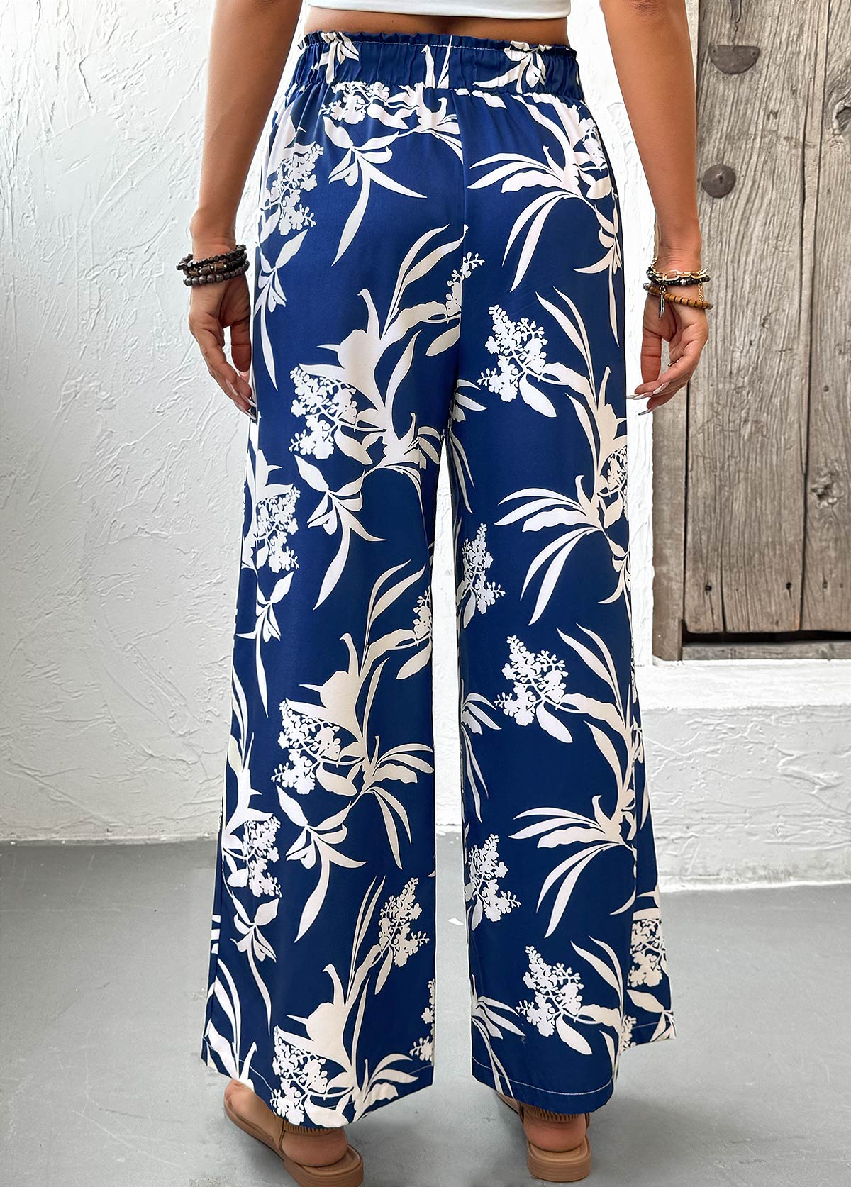 Dark Blue Plants Print Wide Leg Elastic Waist Pants | picture 