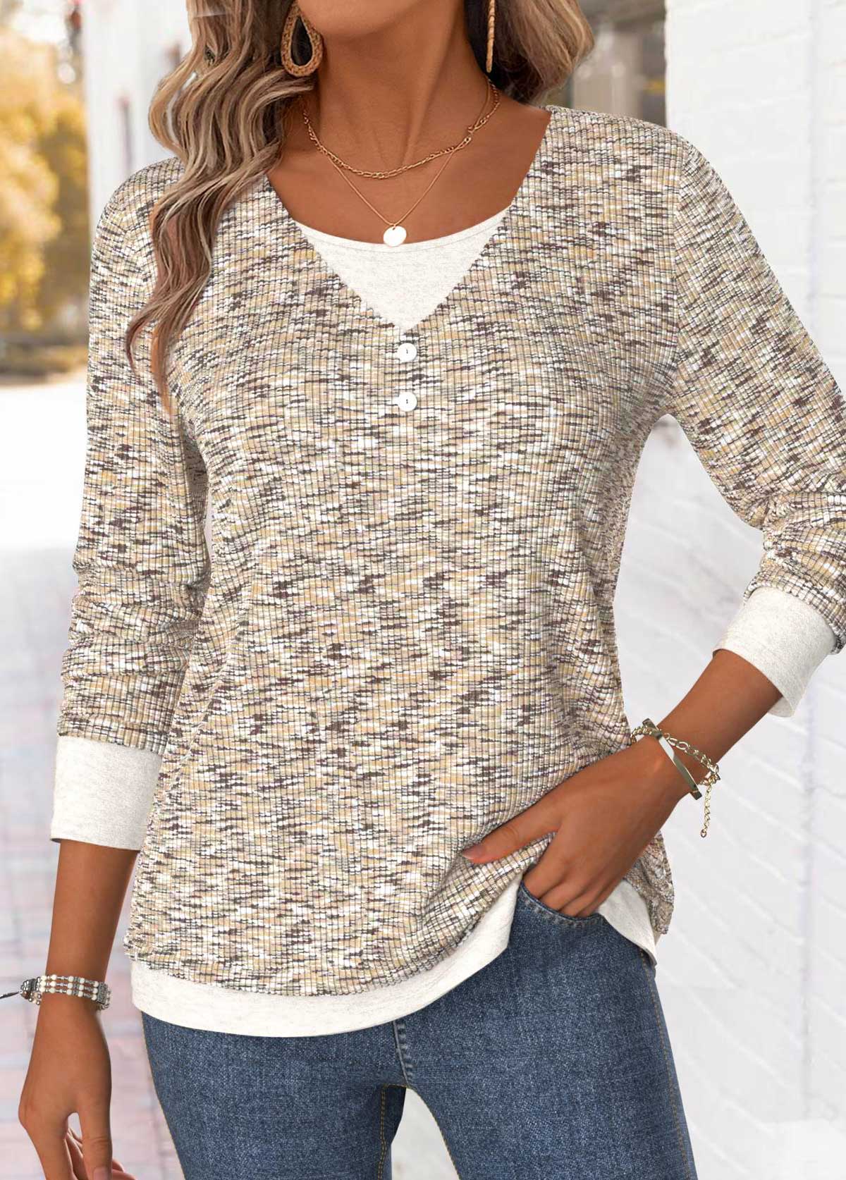 Light Camel Long Sleeve V Neck T Shirt | picture 