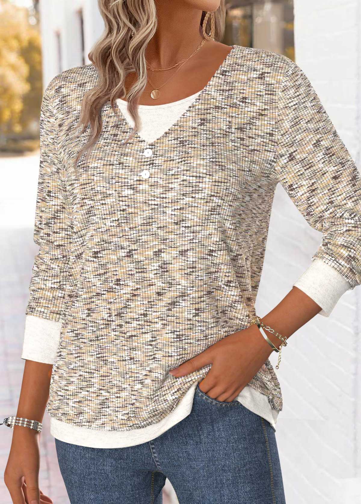 Light Camel Long Sleeve V Neck T Shirt | picture 