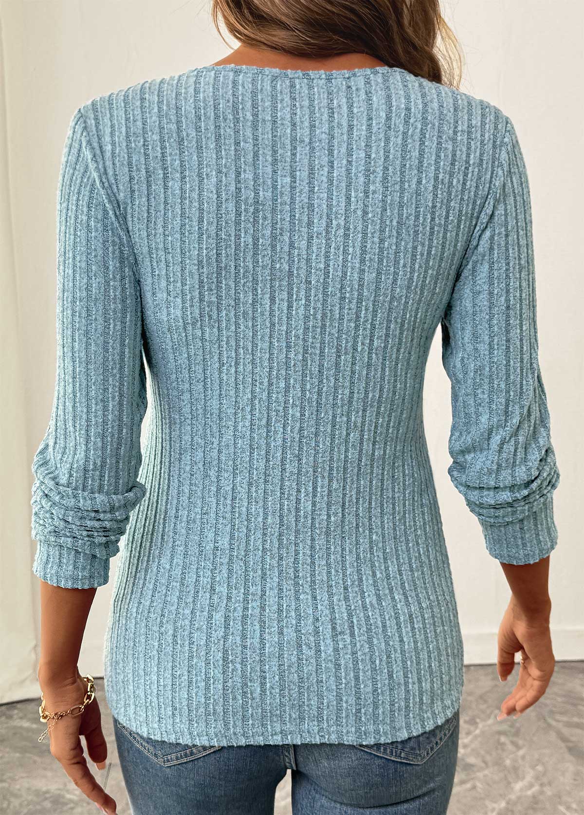Dusty Blue Surplice Long Sleeve V Neck T Shirt | picture 