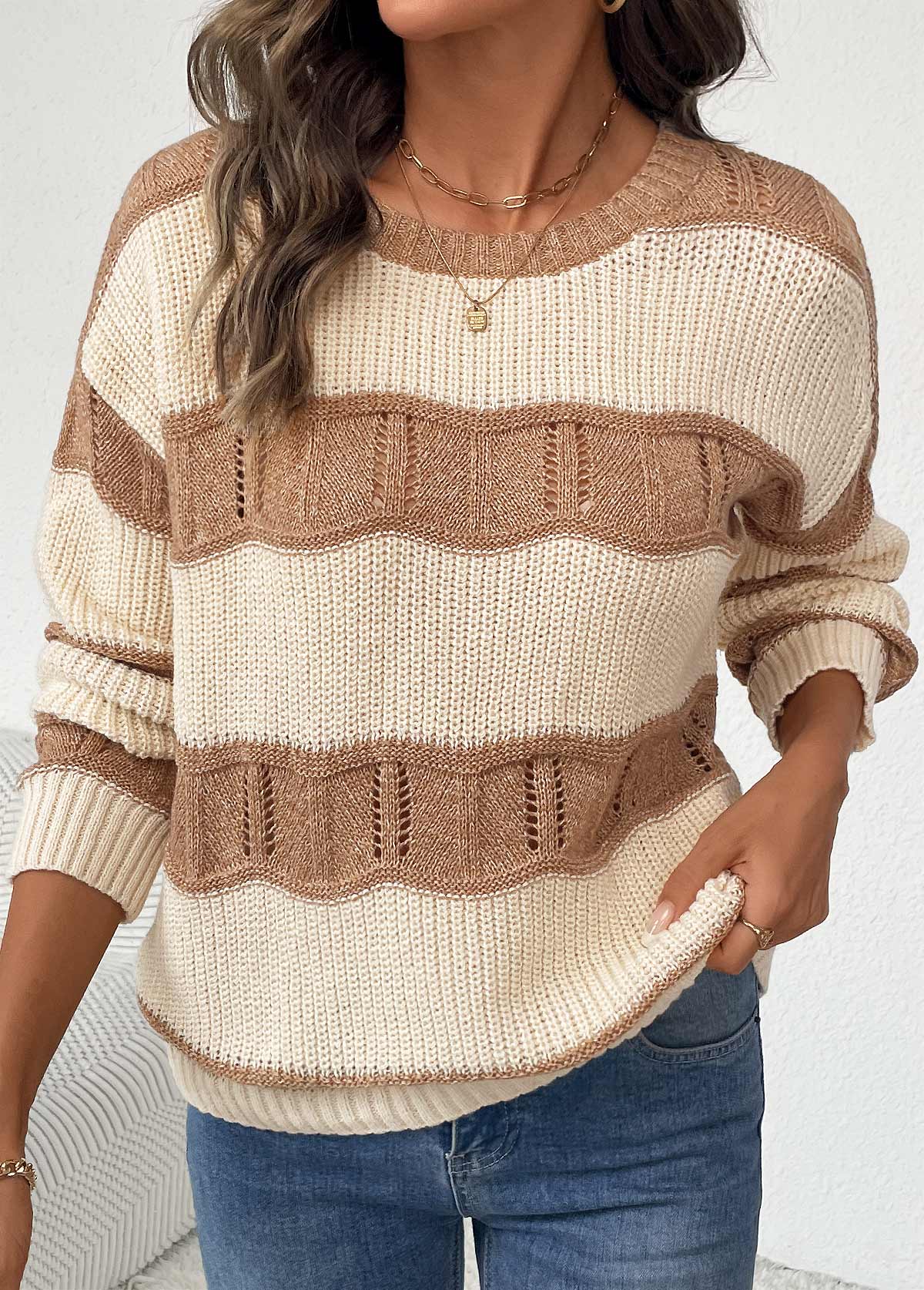 Beige Long Sleeve Round Neck Sweater | picture 