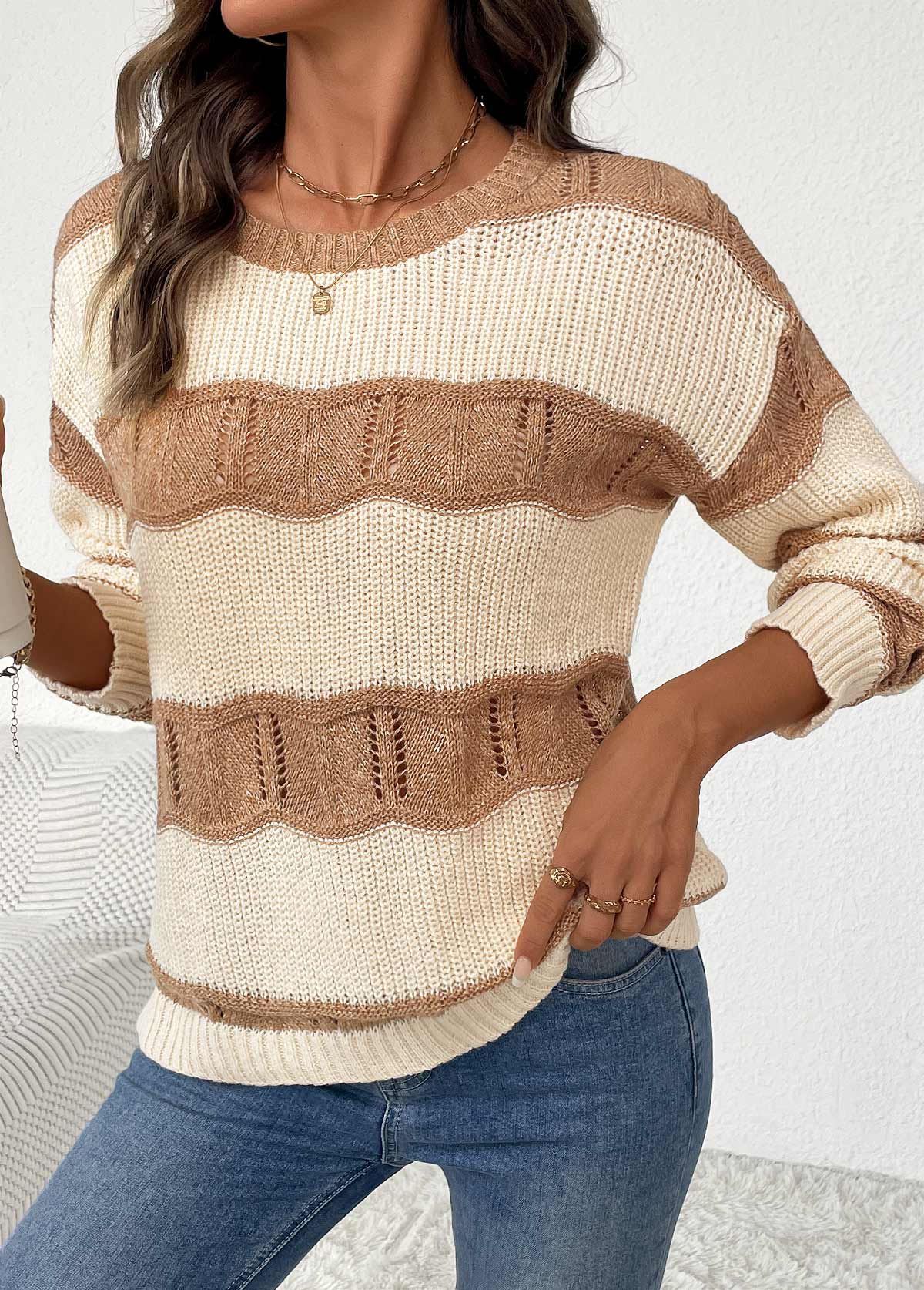 Beige Long Sleeve Round Neck Sweater | picture 