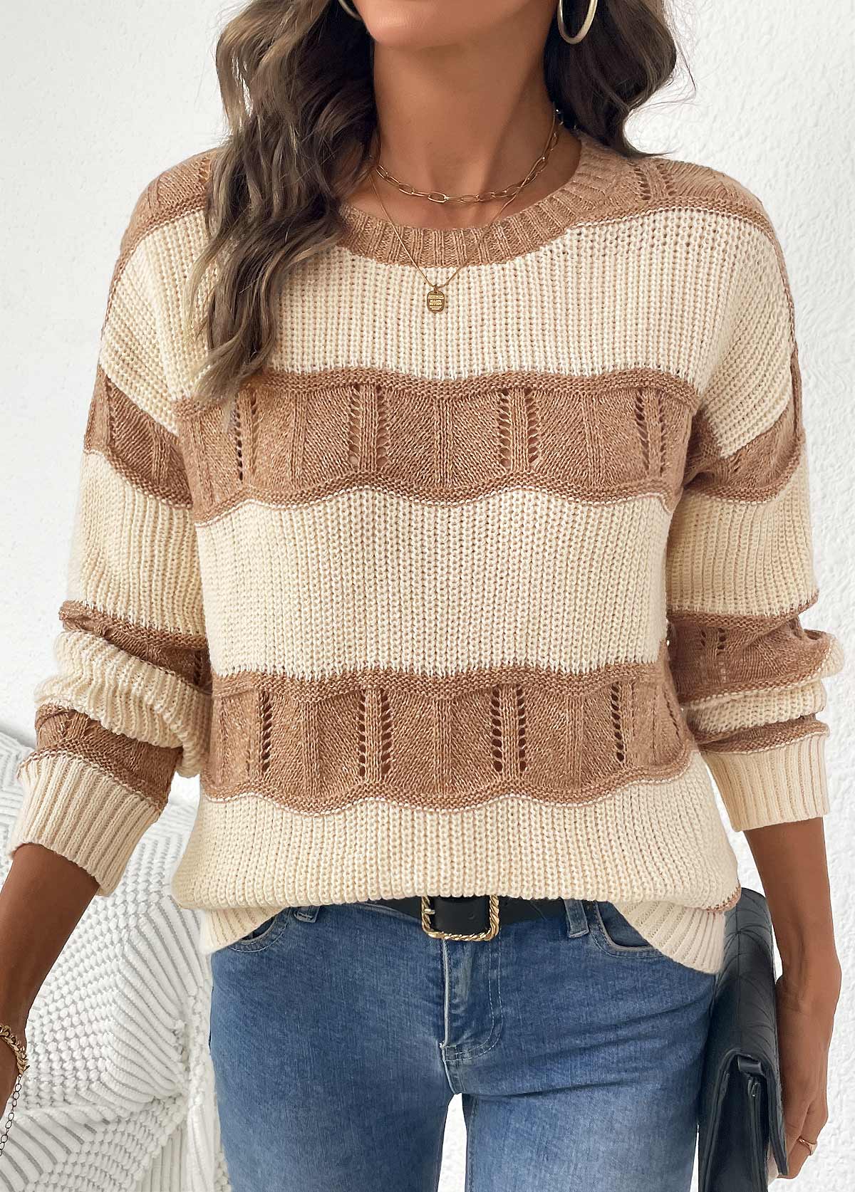 Beige Long Sleeve Round Neck Sweater | picture 