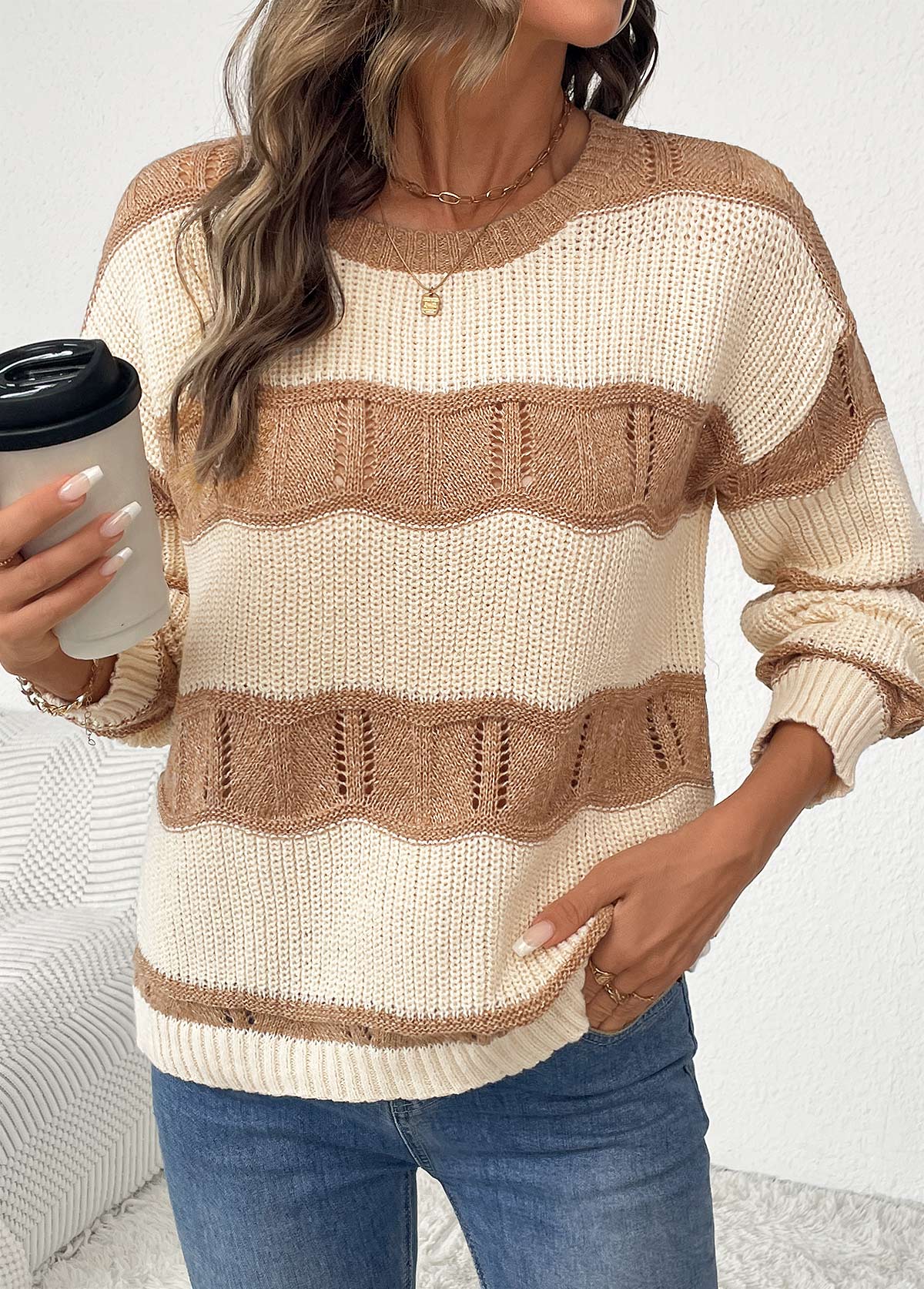 Beige Long Sleeve Round Neck Sweater | picture 