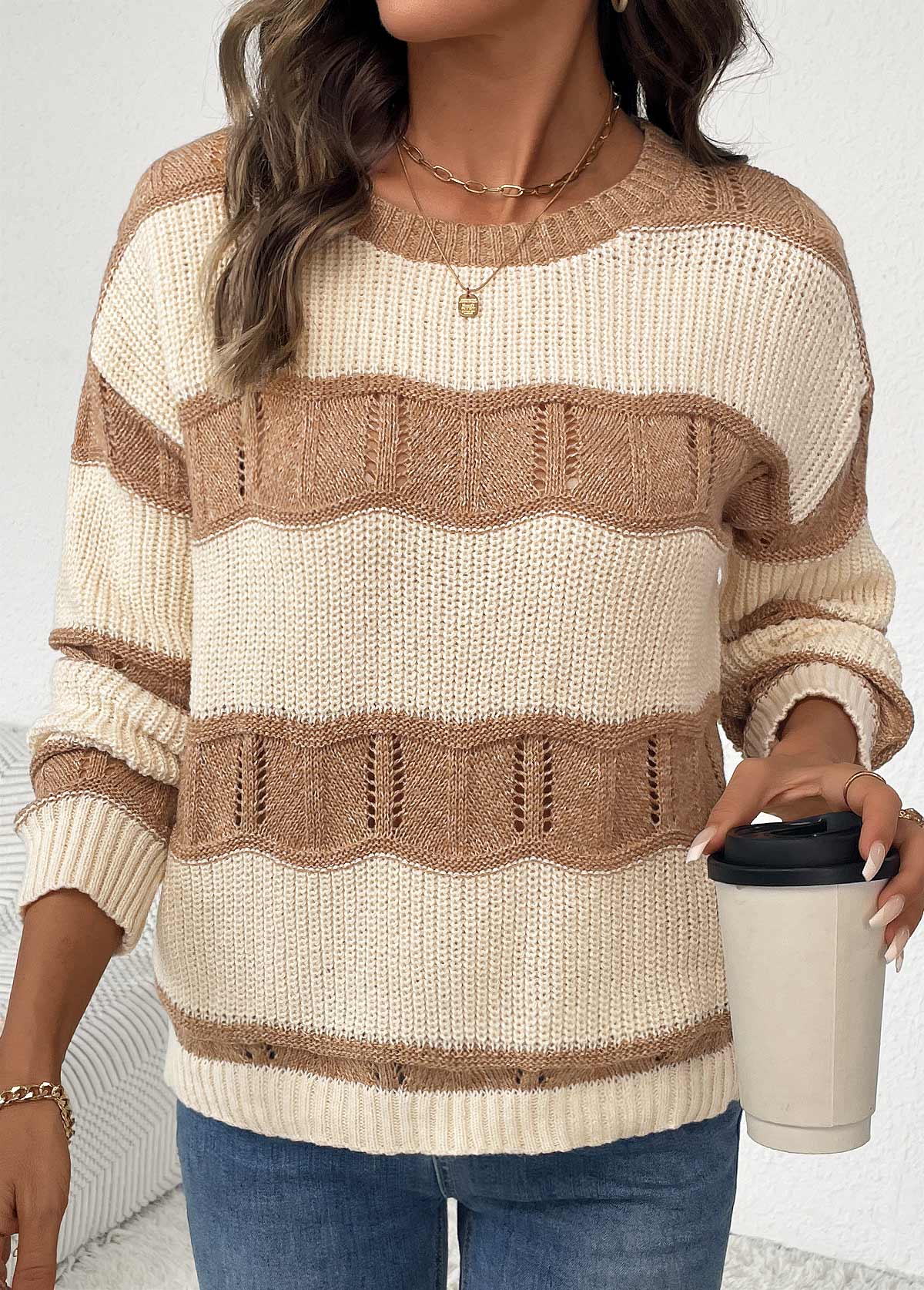 Beige Long Sleeve Round Neck Sweater | picture 