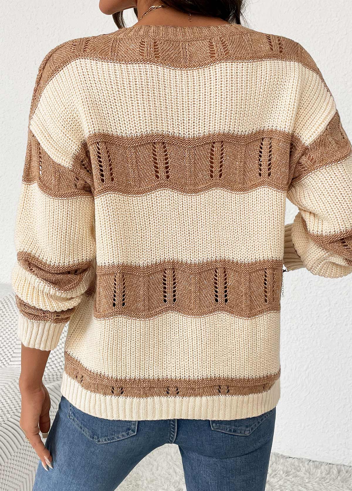 Beige Long Sleeve Round Neck Sweater | picture 