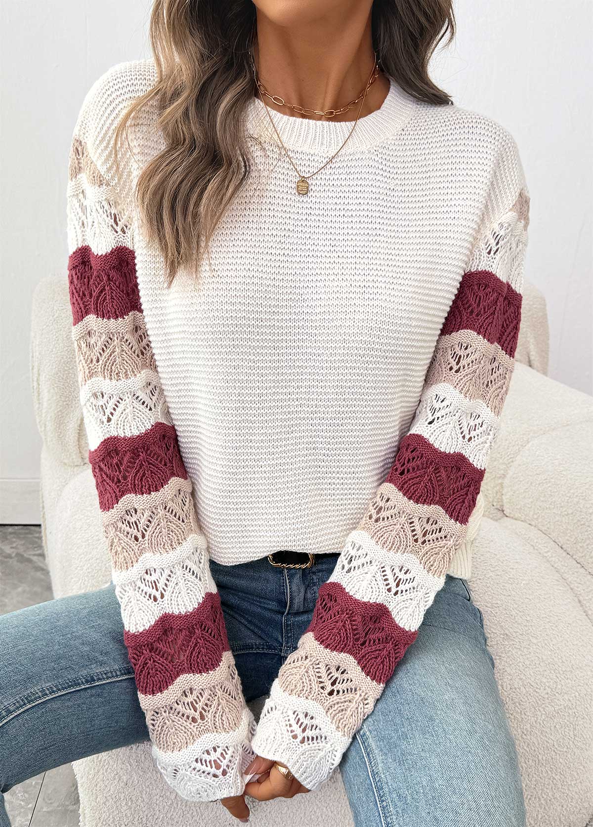 White Long Sleeve Round Neck Sweater | picture 