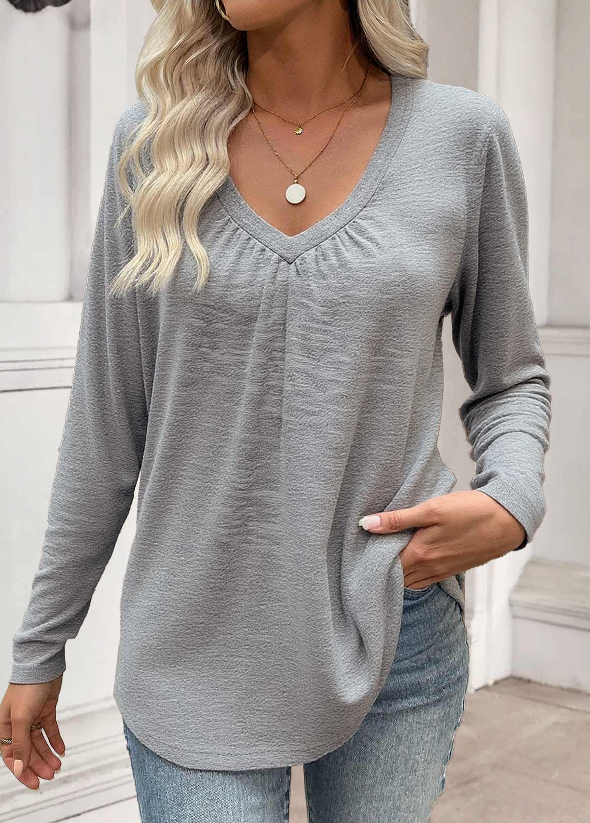 Grey Tummy Coverage Long Sleeve V Neck T Shirt | picture 