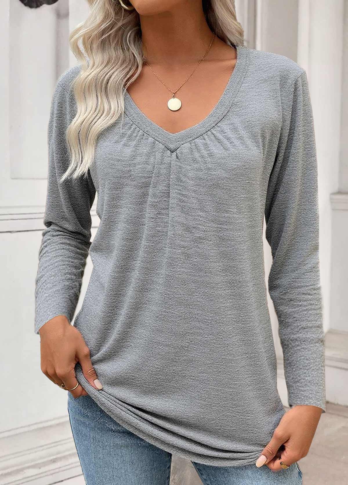 Grey Tummy Coverage Long Sleeve V Neck T Shirt | picture 