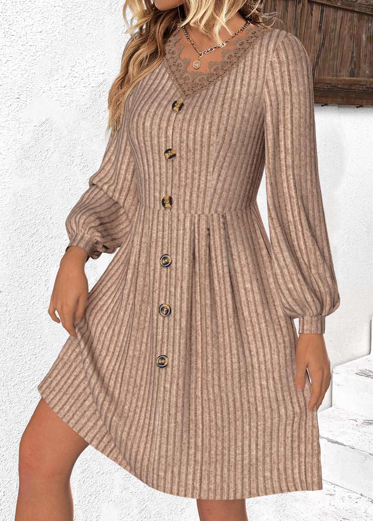 Light Coffee Patchwork Long Sleeve V Neck Dress | picture 