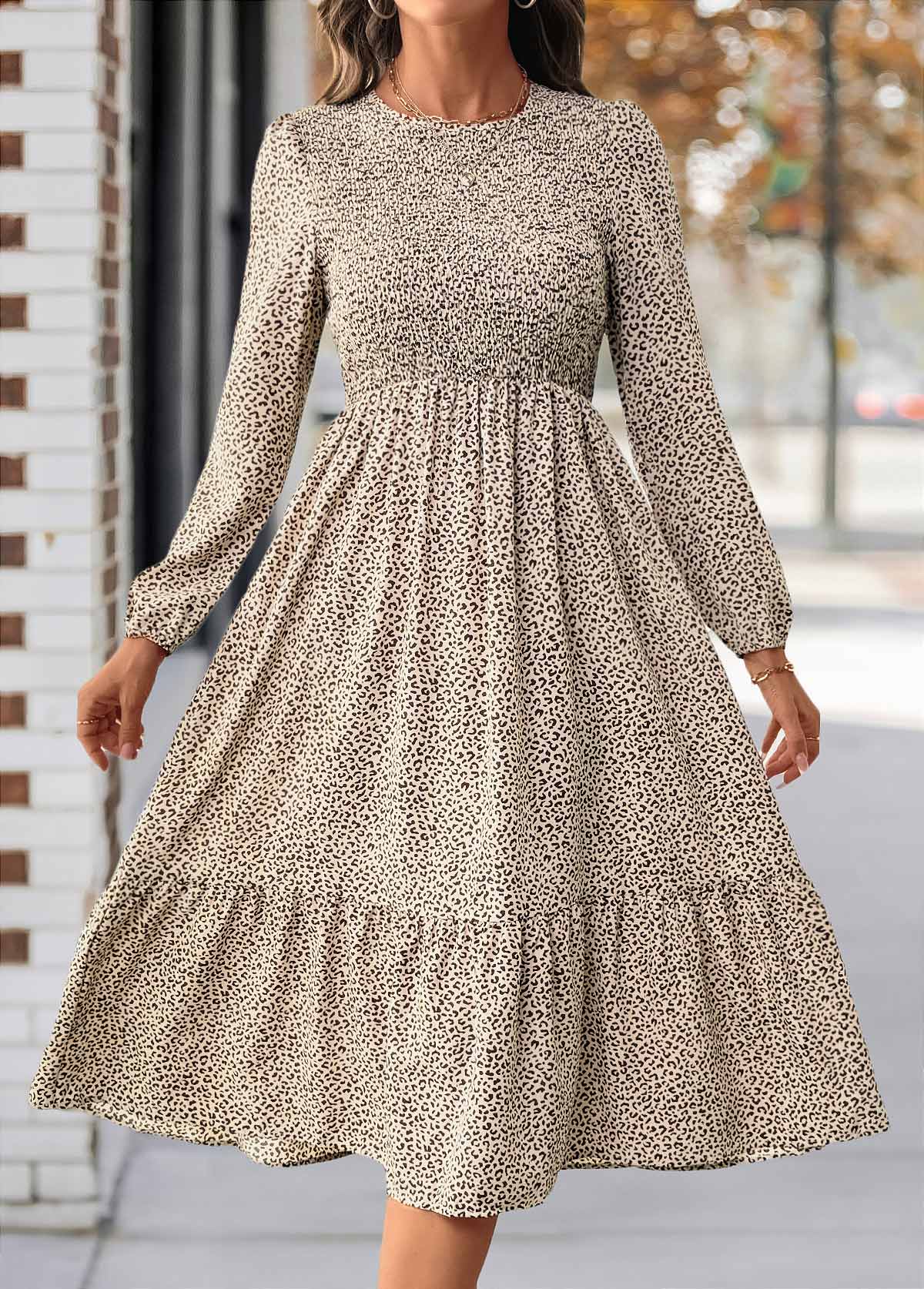 Light Coffee Tummy Coverage Leopard Long Sleeve Dress | picture 