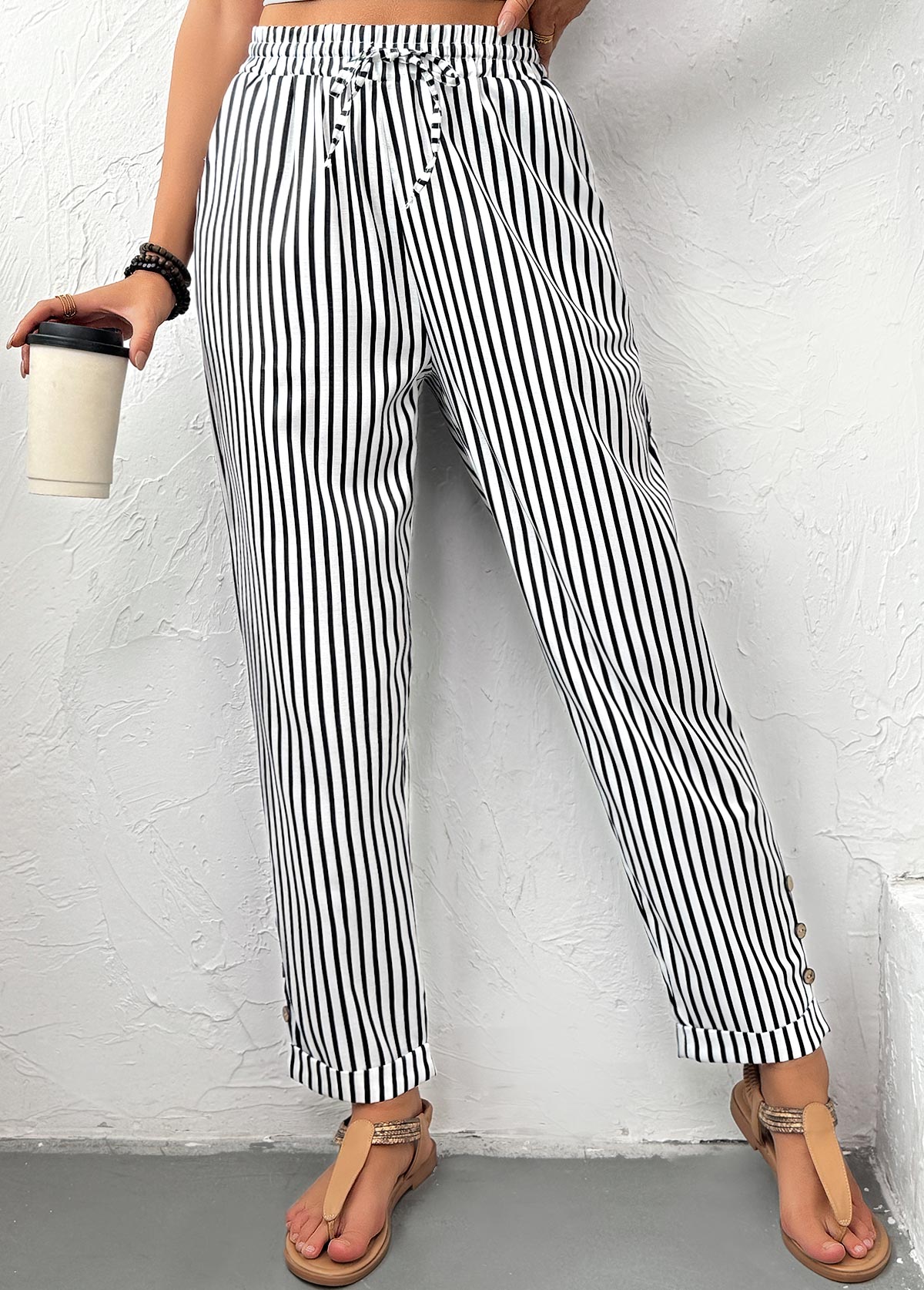 Black Pocket Striped Straight Leg Elastic Waist Pants | picture 