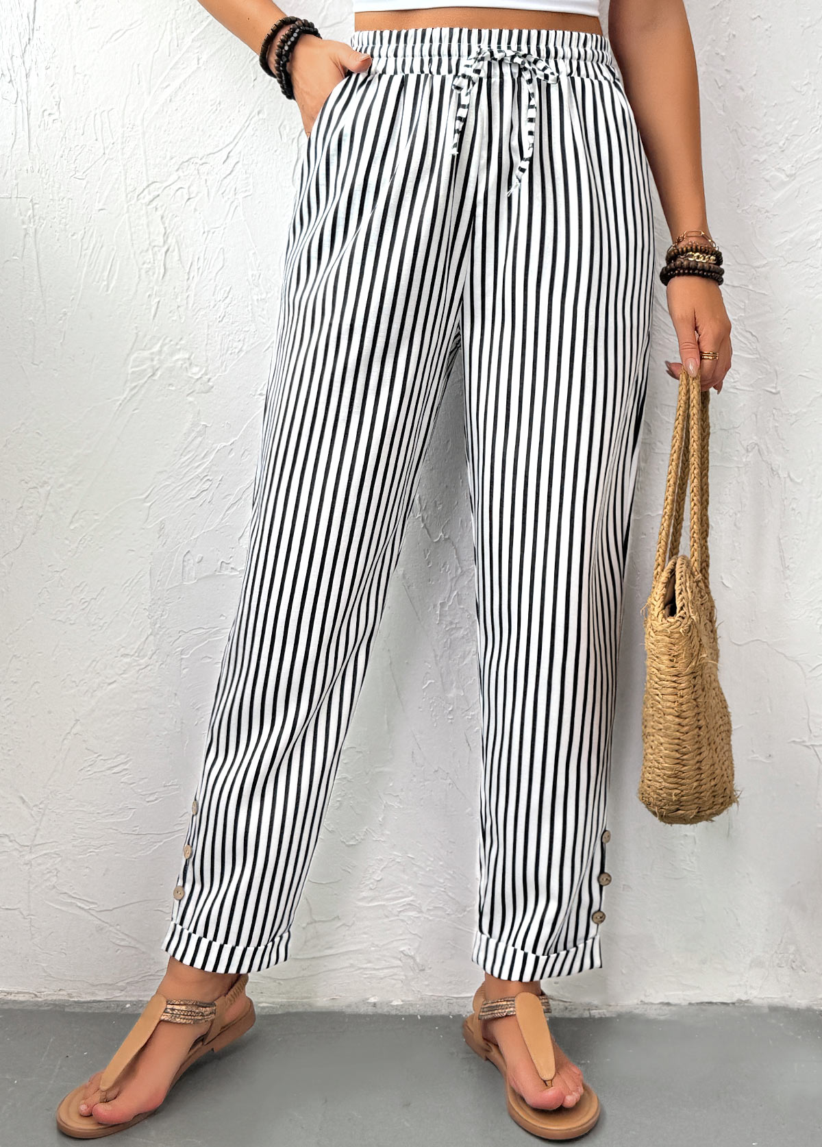 Black Pocket Striped Straight Leg Elastic Waist Pants | picture 