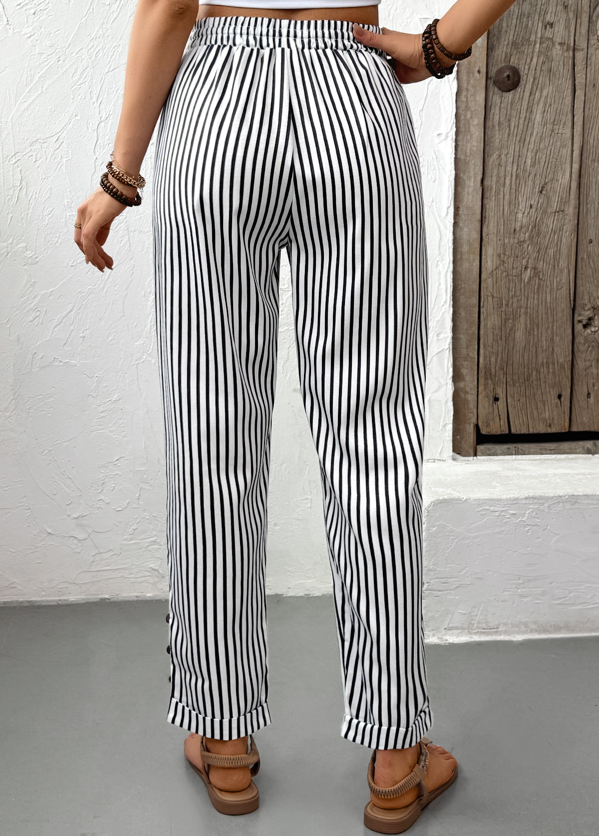 Black Pocket Striped Straight Leg Elastic Waist Pants | picture 