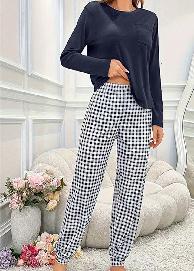 Navy Plaid Long Sleeve Lounge Top and Pants | picture 
