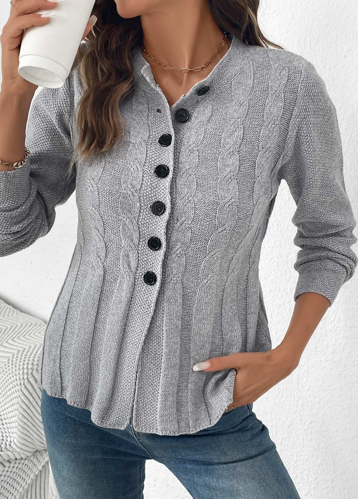Grey Tummy Coverage Long Sleeve Round Neck Cardigan | picture 
