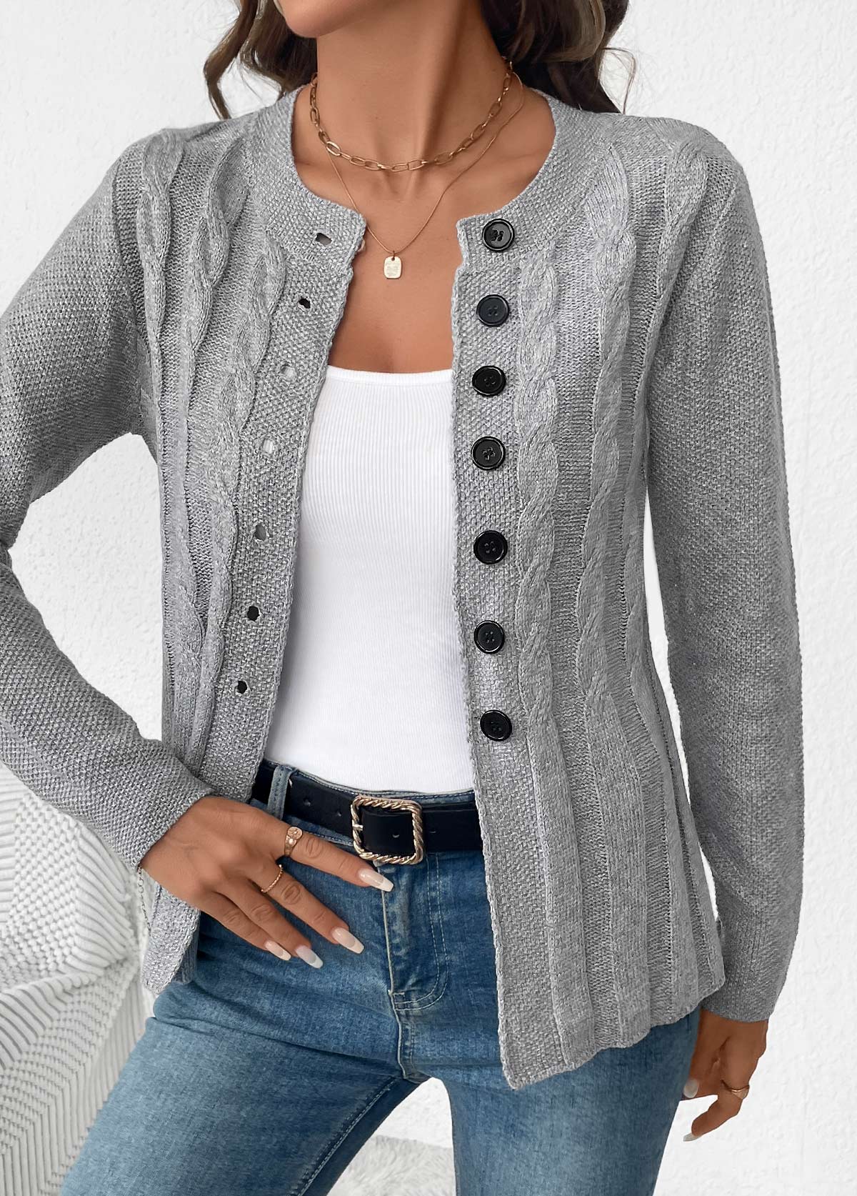 Grey Tummy Coverage Long Sleeve Round Neck Cardigan | picture 