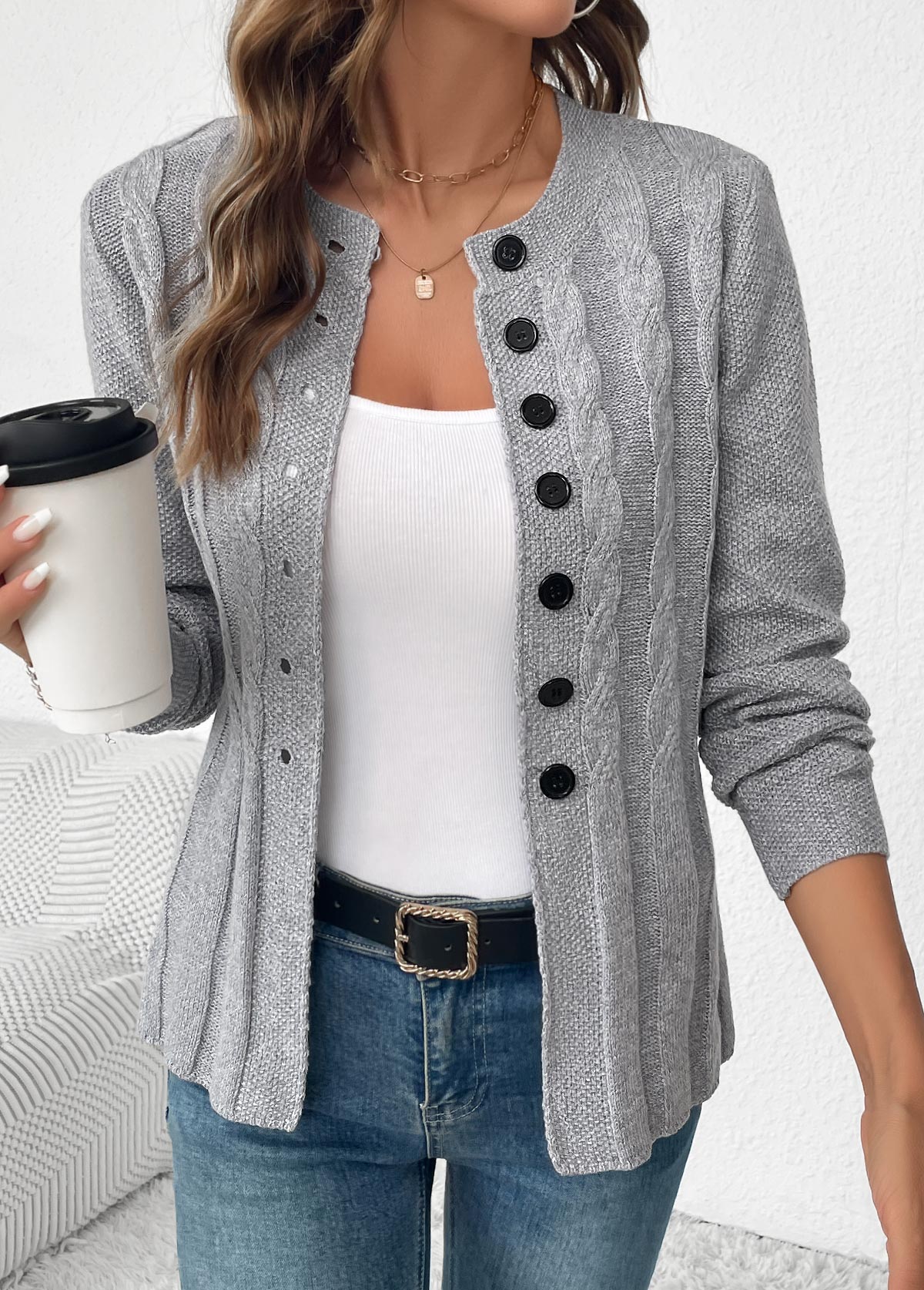 Grey Tummy Coverage Long Sleeve Round Neck Cardigan | picture 