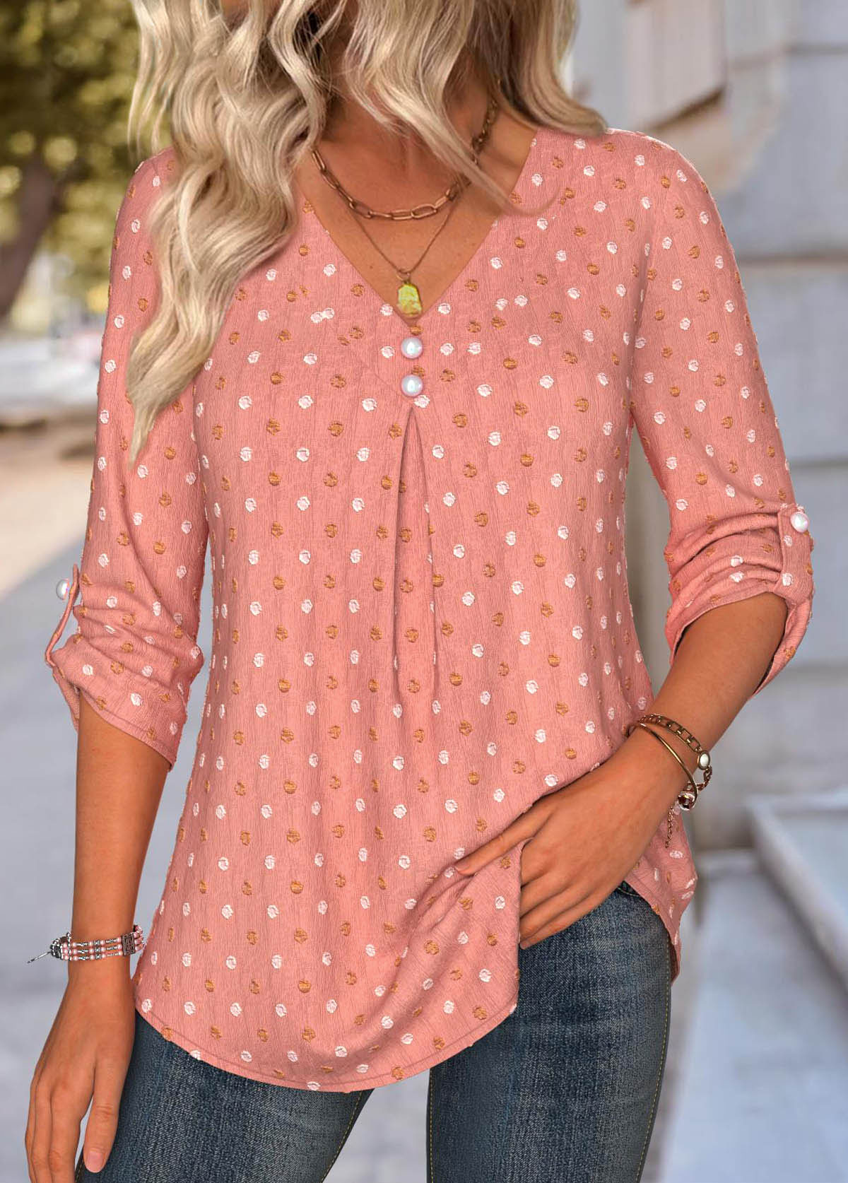 Dusty Pink Tummy Coverage Long Sleeve V Neck Blouse | picture 
