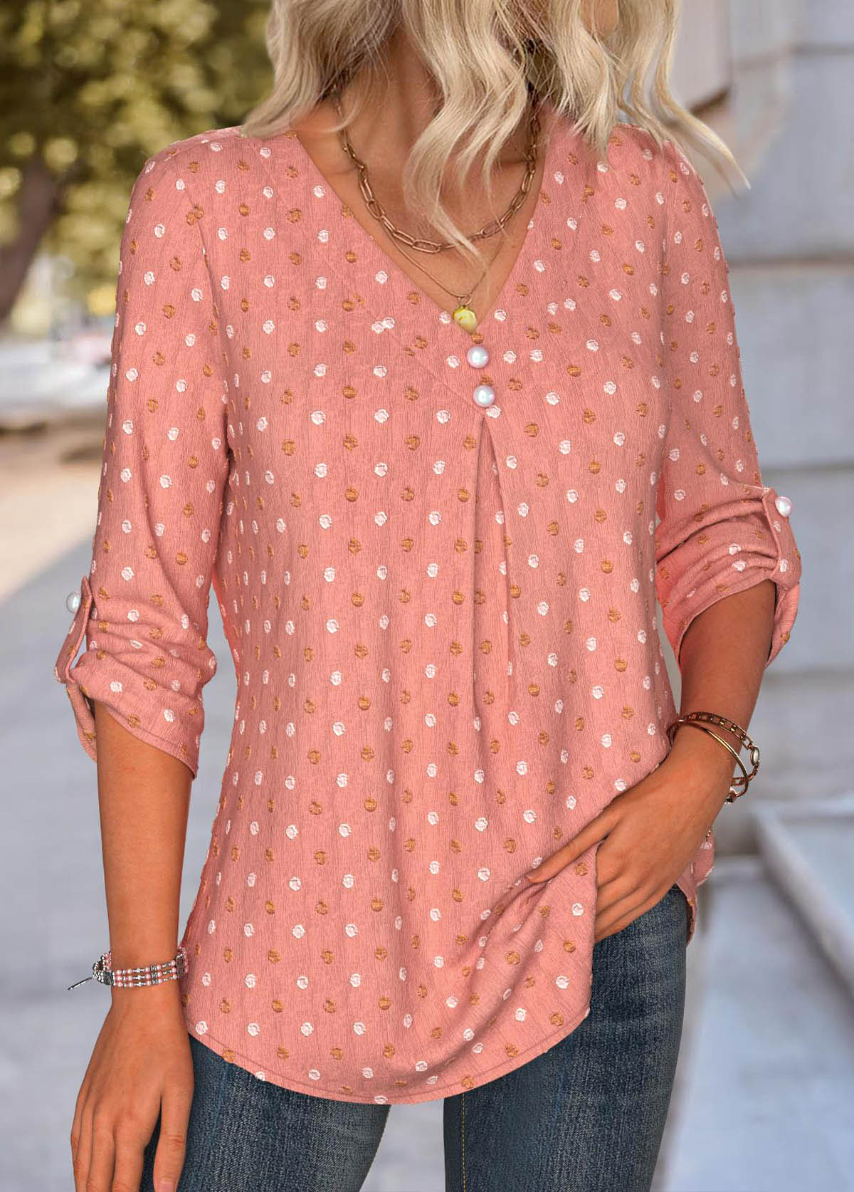 Dusty Pink Tummy Coverage Long Sleeve V Neck Blouse | picture 