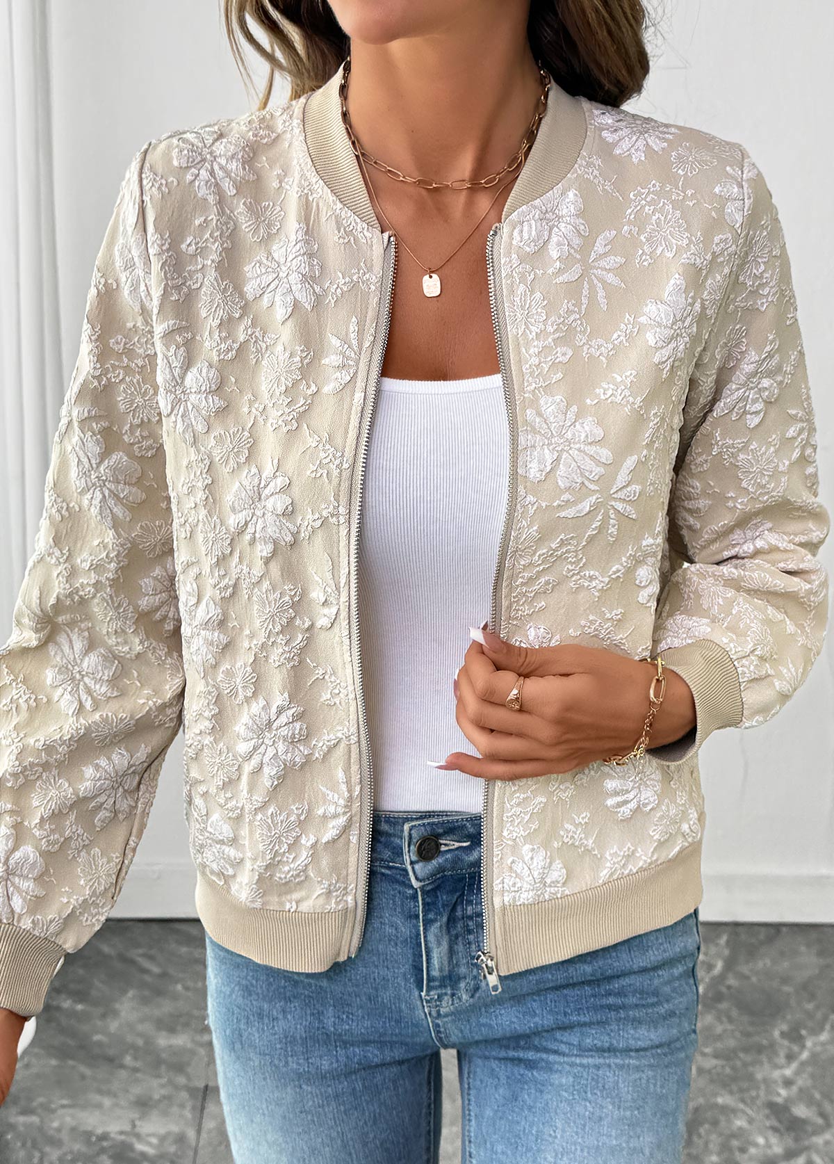 Modlily Light Coffee Zipper Long Sleeve Stand Collar Jacket - S