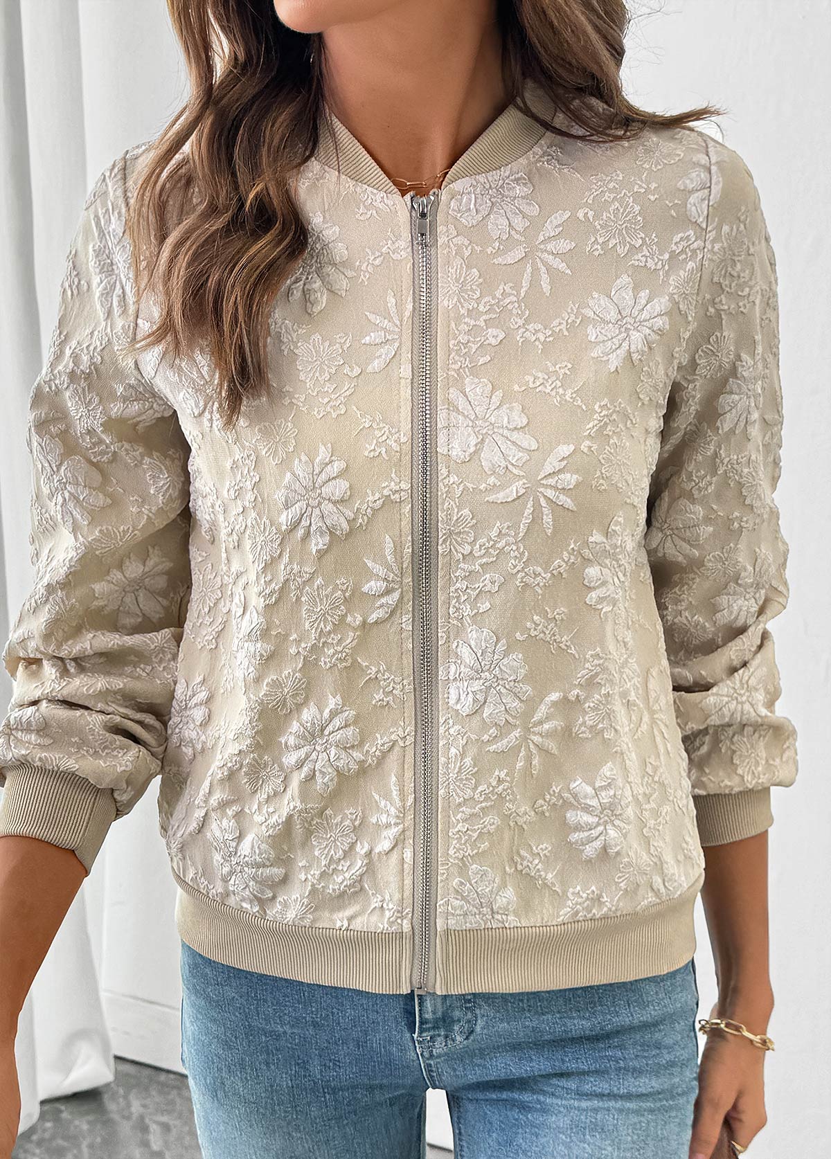 Light Coffee Zipper Long Sleeve Stand Collar Jacket | picture 