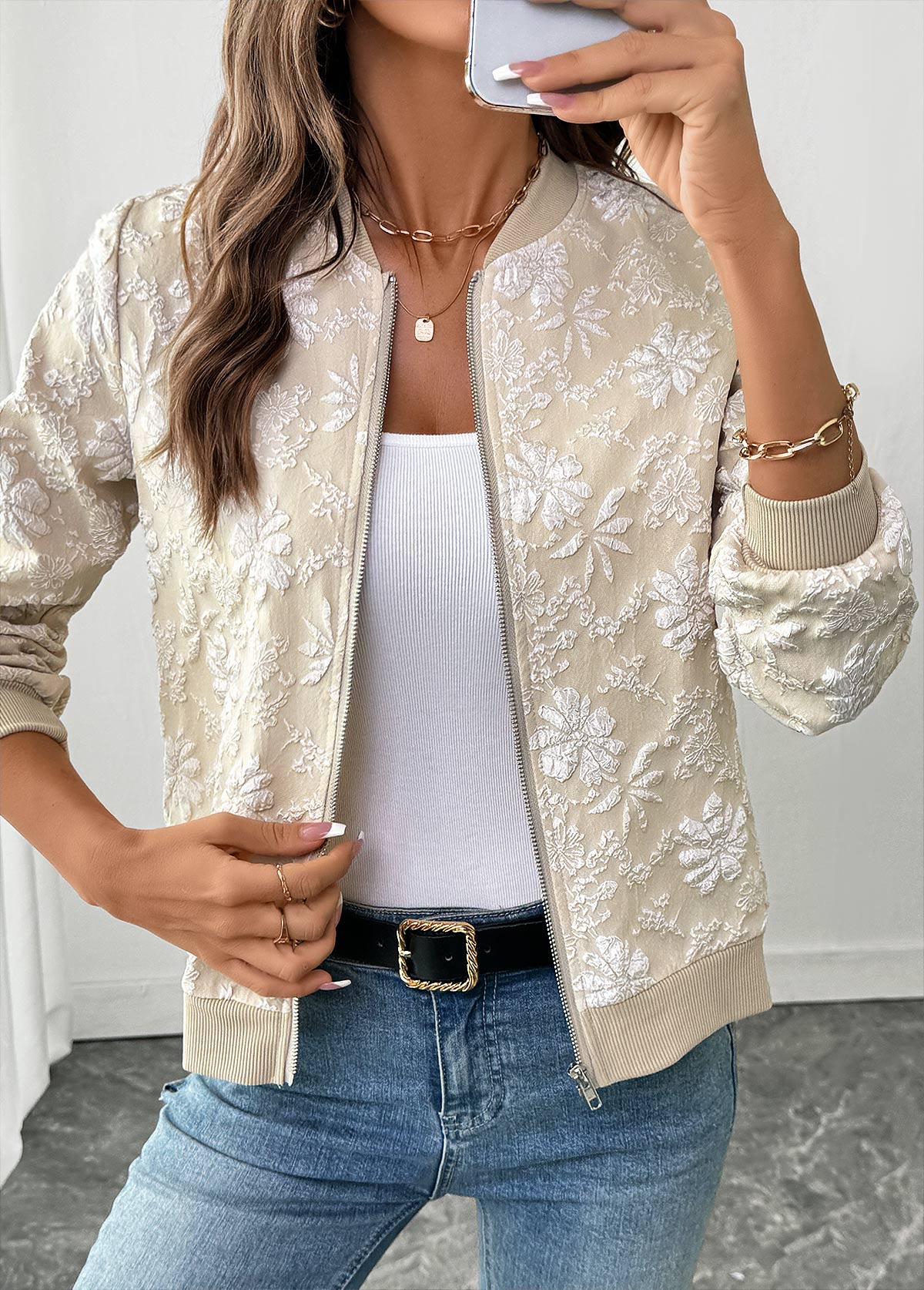 Light Coffee Zipper Long Sleeve Stand Collar Jacket | picture 