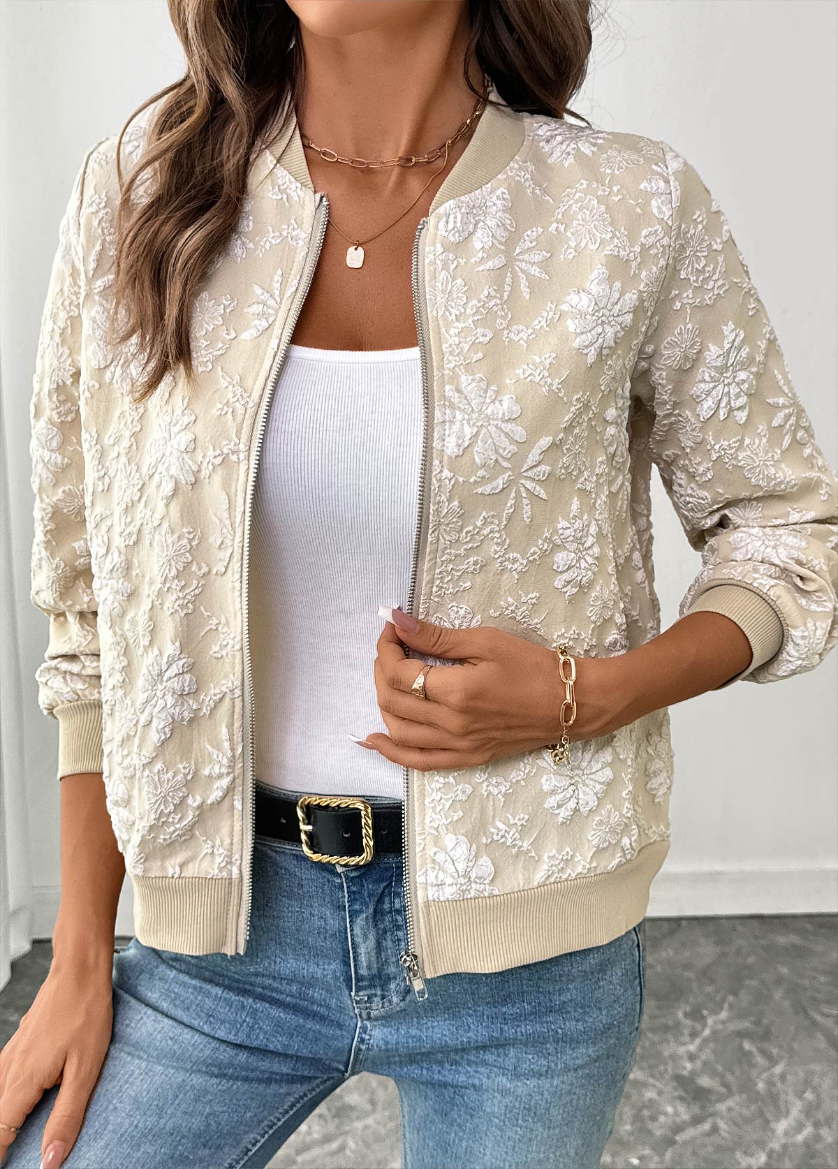 Light Coffee Zipper Long Sleeve Stand Collar Jacket | picture 