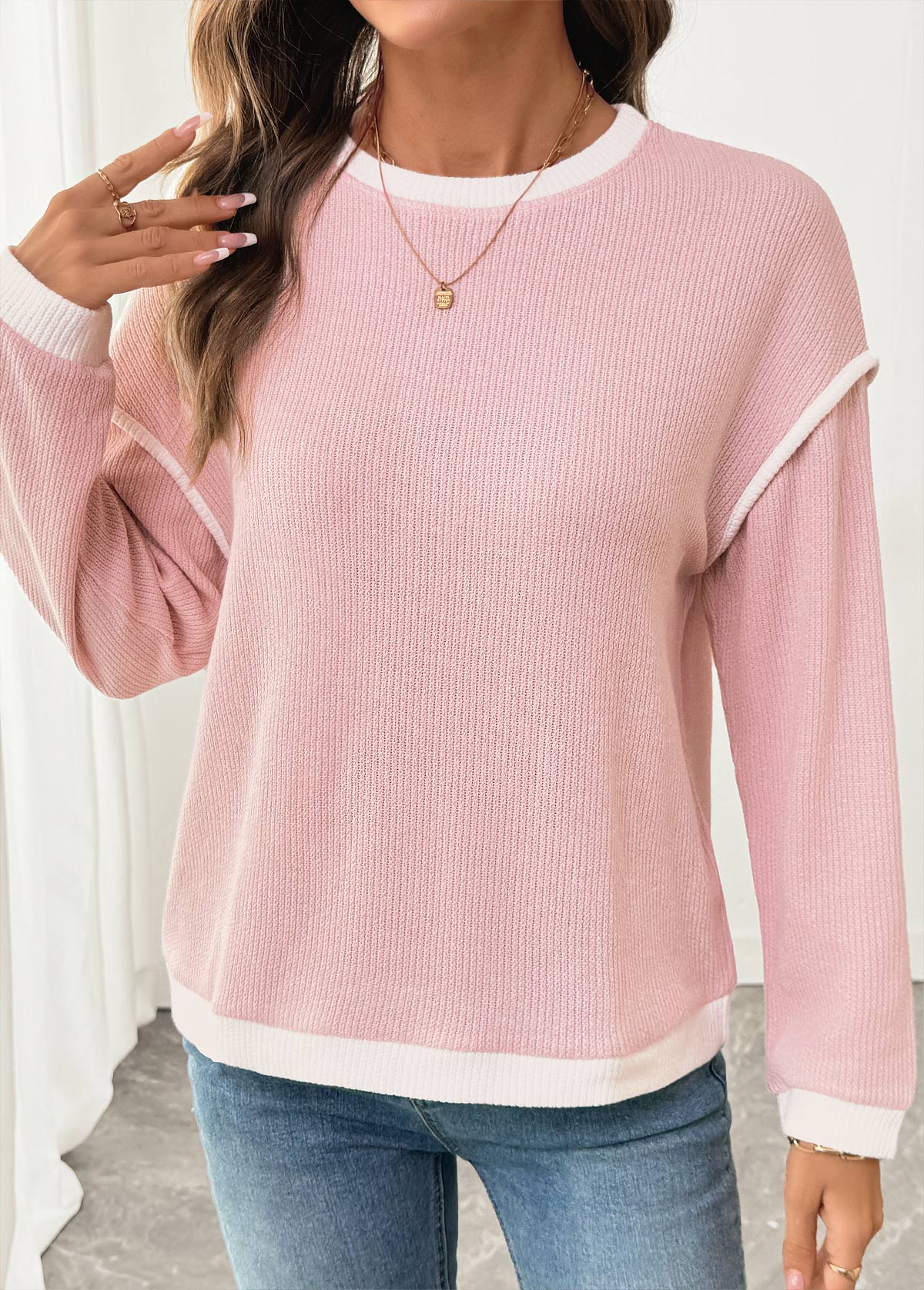 Pink Patchwork Long Sleeve Round Neck Sweatshirt | picture 