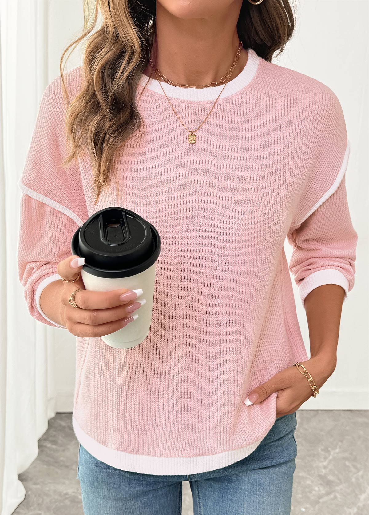 Pink Patchwork Long Sleeve Round Neck Sweatshirt | picture 