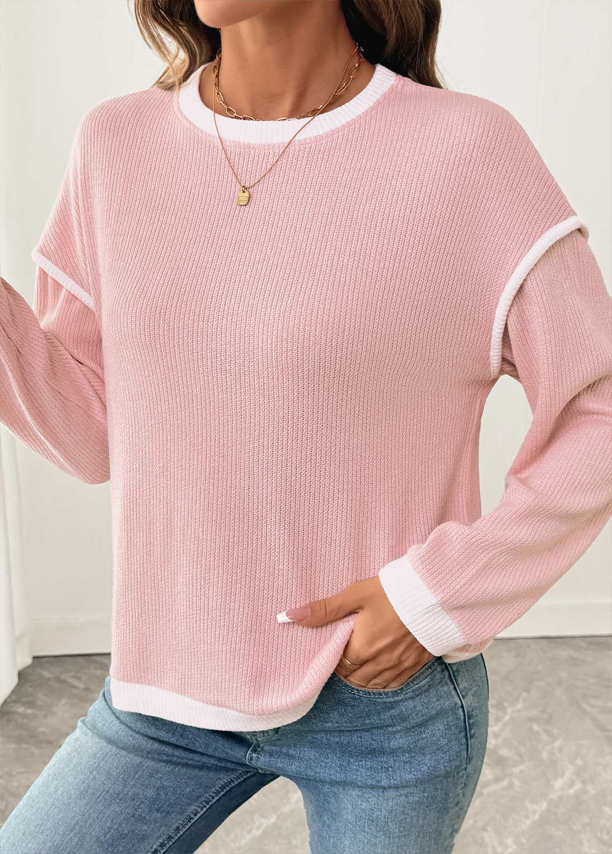 Pink Patchwork Long Sleeve Round Neck Sweatshirt | picture 