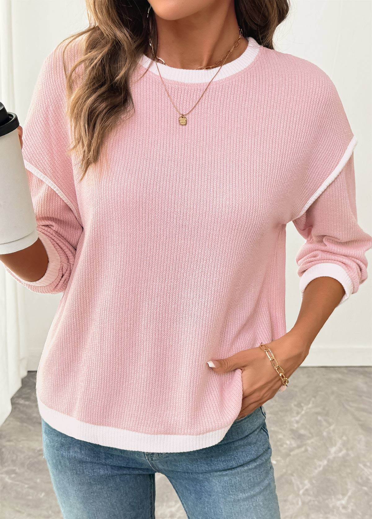 Pink Patchwork Long Sleeve Round Neck Sweatshirt | picture 