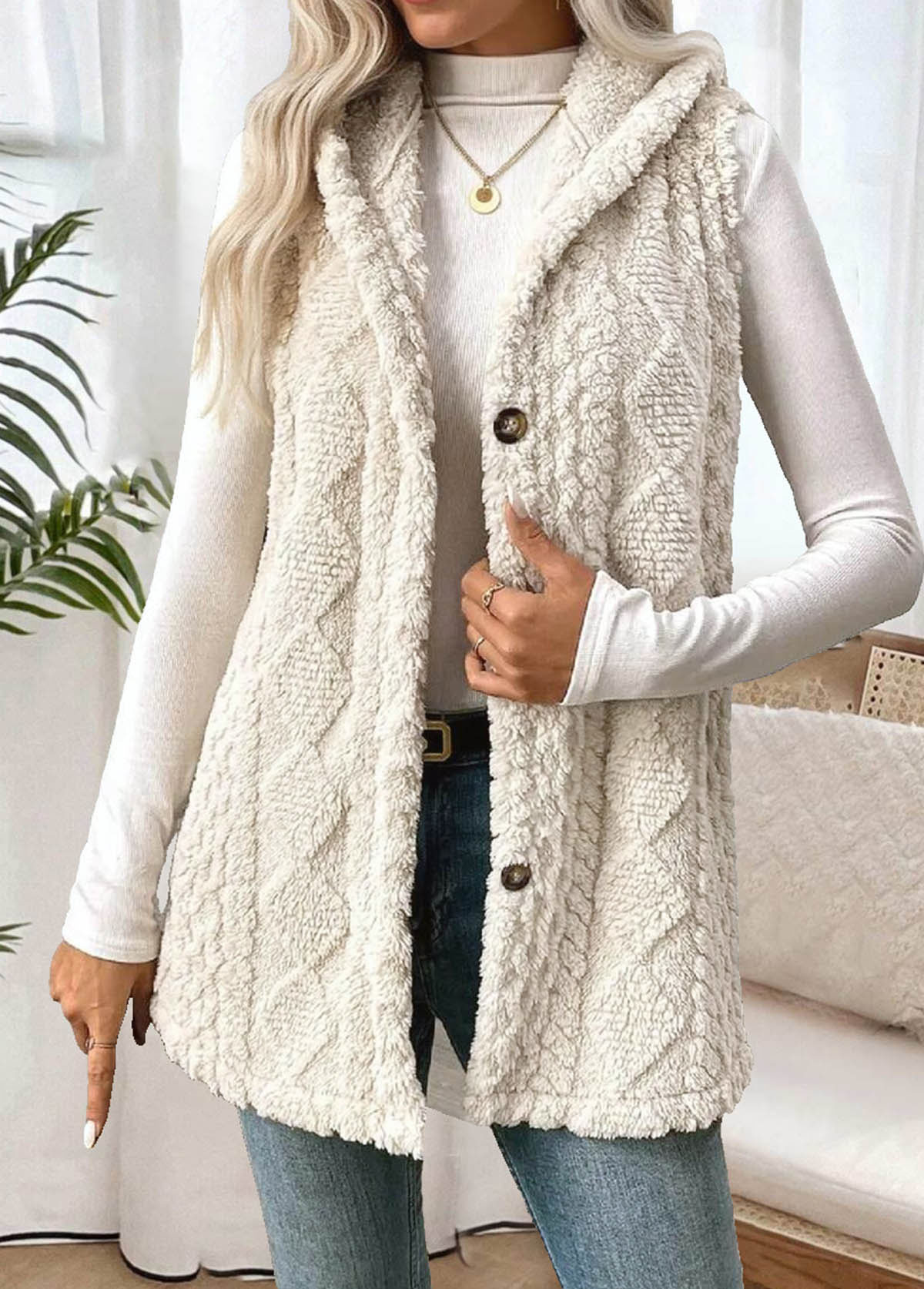 Beige Tummy Coverage Sleeveless Hooded Waistcoat | picture 