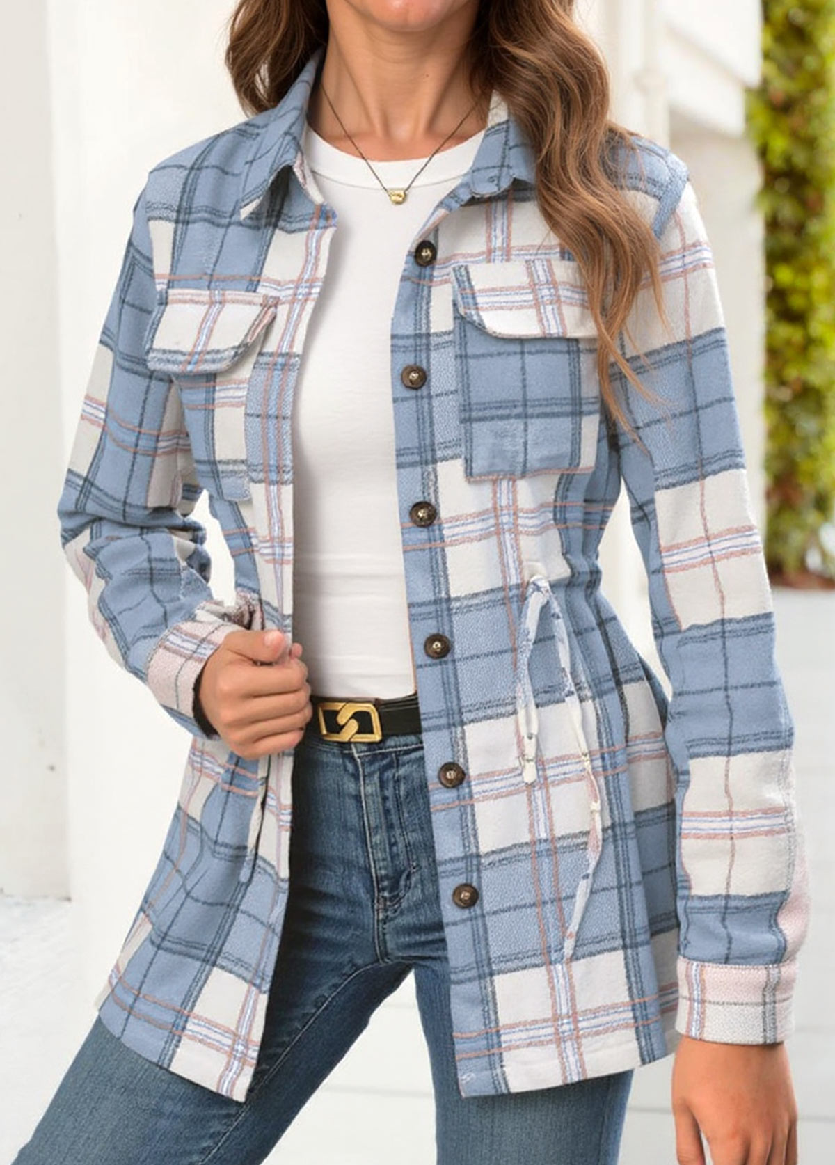 Light Blue Tummy Coverage Plaid Long Sleeve Shirt | picture 