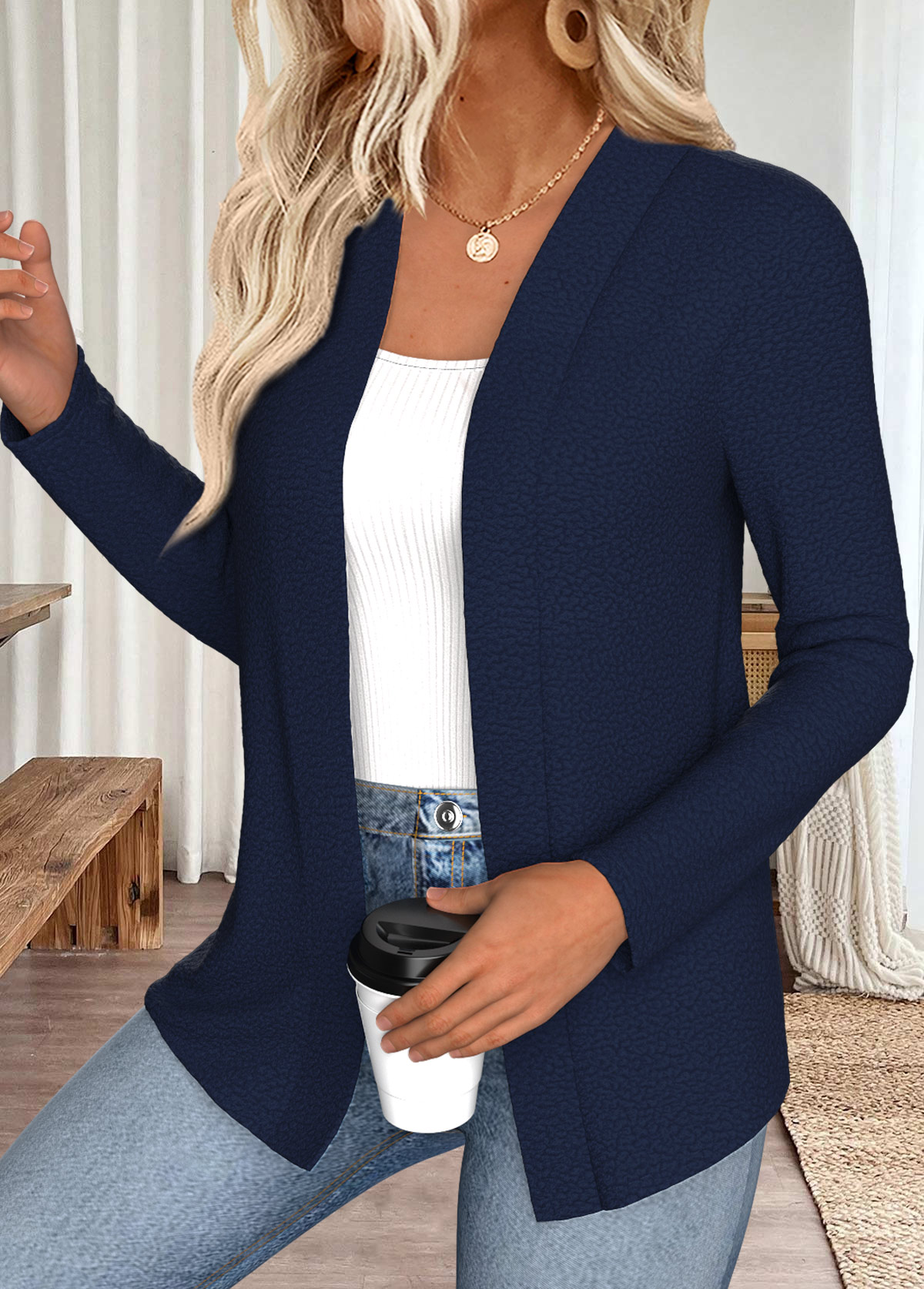 Navy Open Front Long Sleeve Coat | picture 