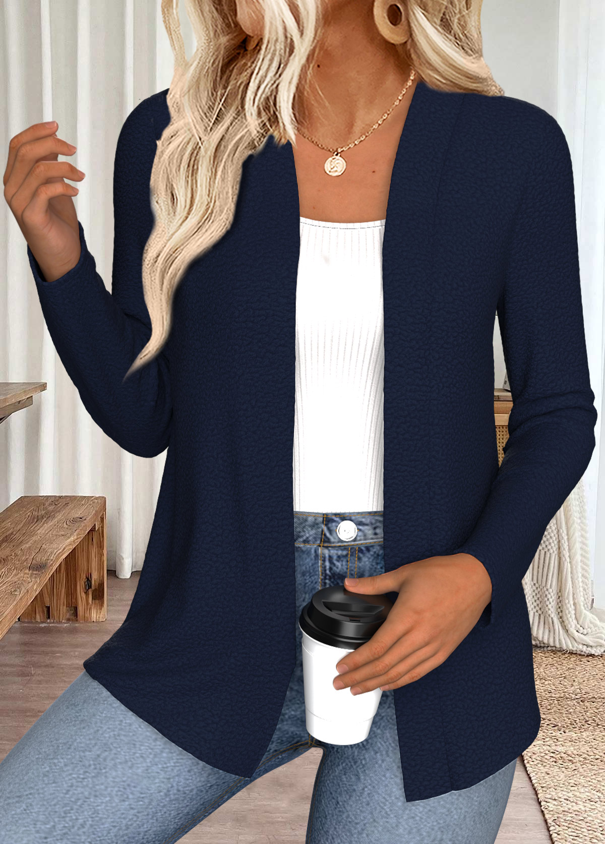 Navy Open Front Long Sleeve Coat | picture 
