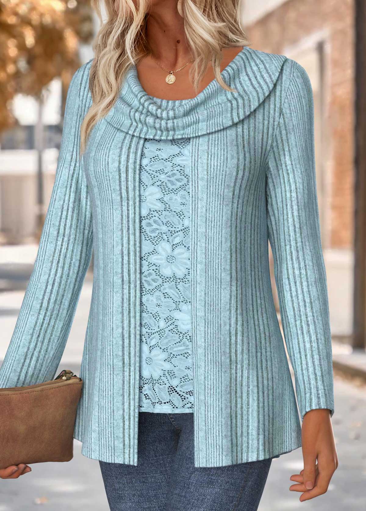 Dusty Blue Long Sleeve Fake Two Piece Twinset | picture 